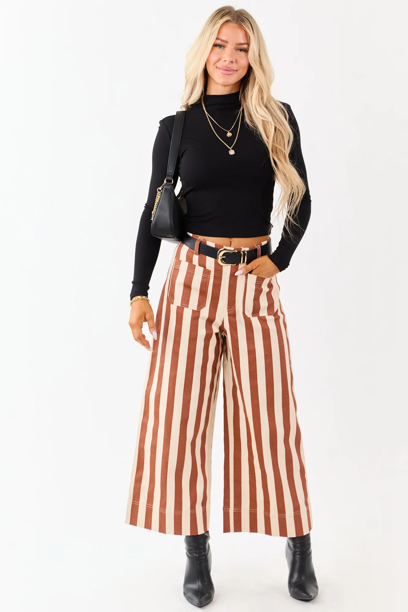 Cinnamon Striped Wide Leg Crop Denim Pants
