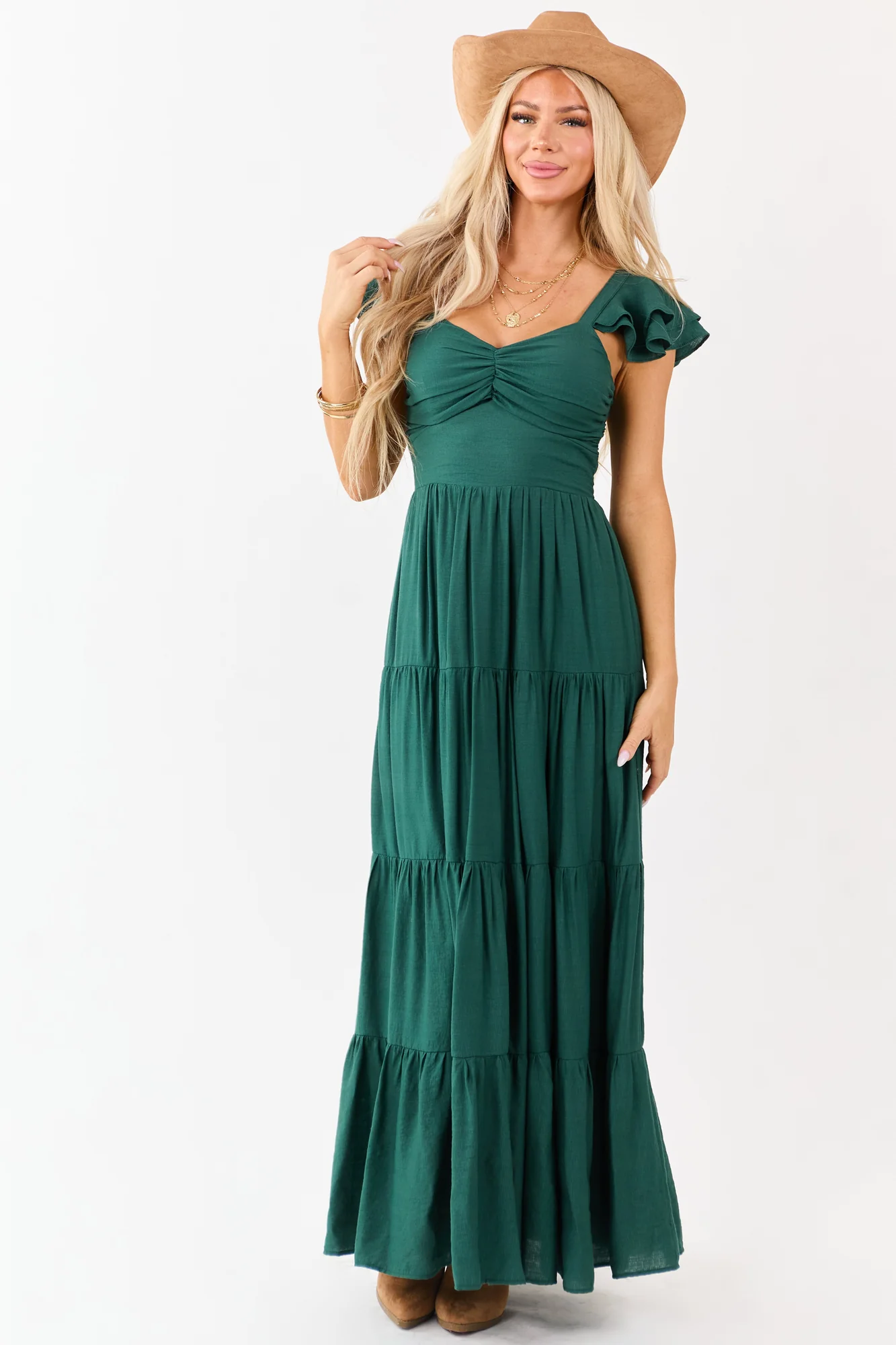 Forest Green Tiered Maxi Dress with Sweetheart Neckline