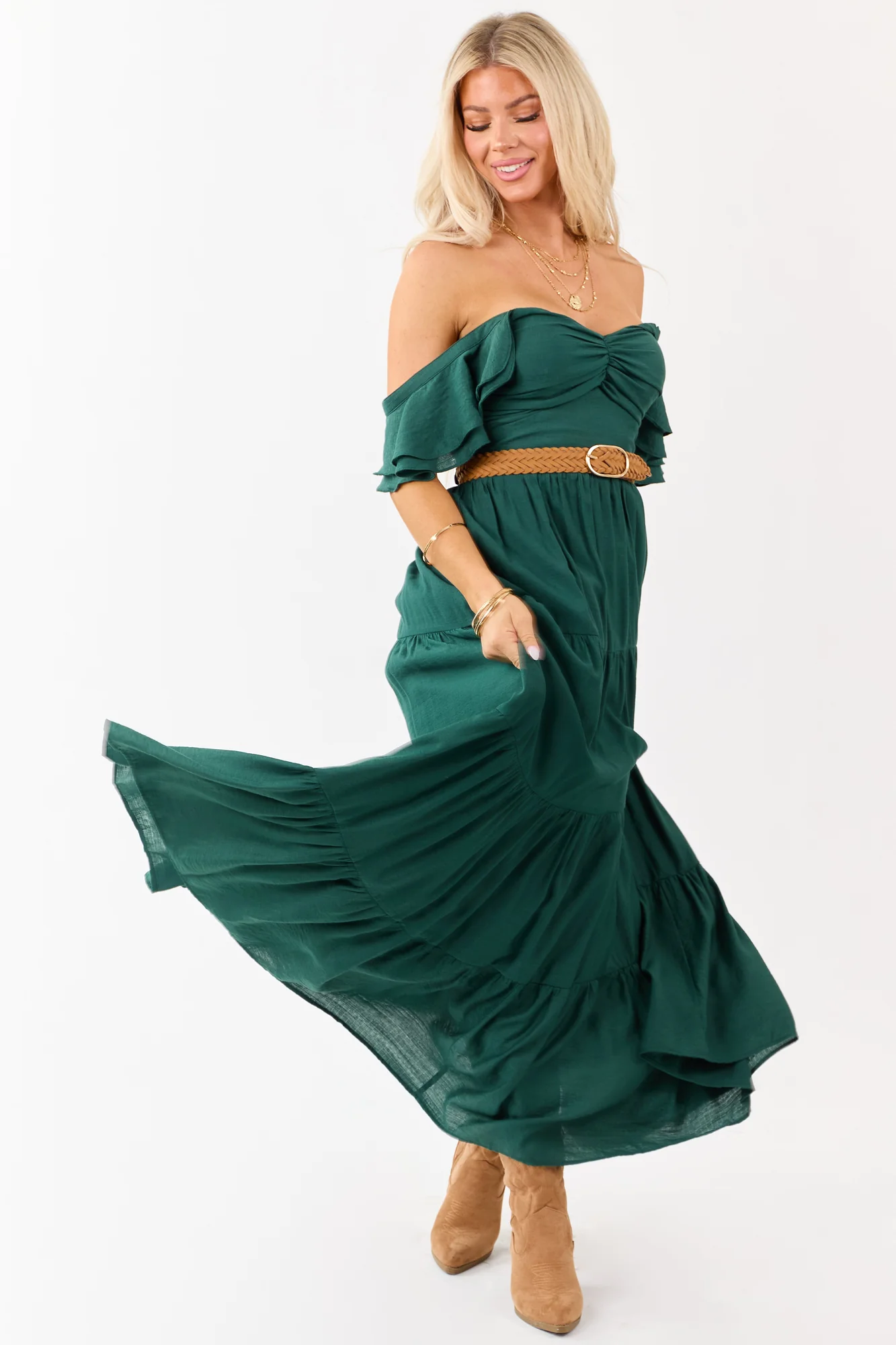 Forest Green Tiered Maxi Dress with Sweetheart Neckline