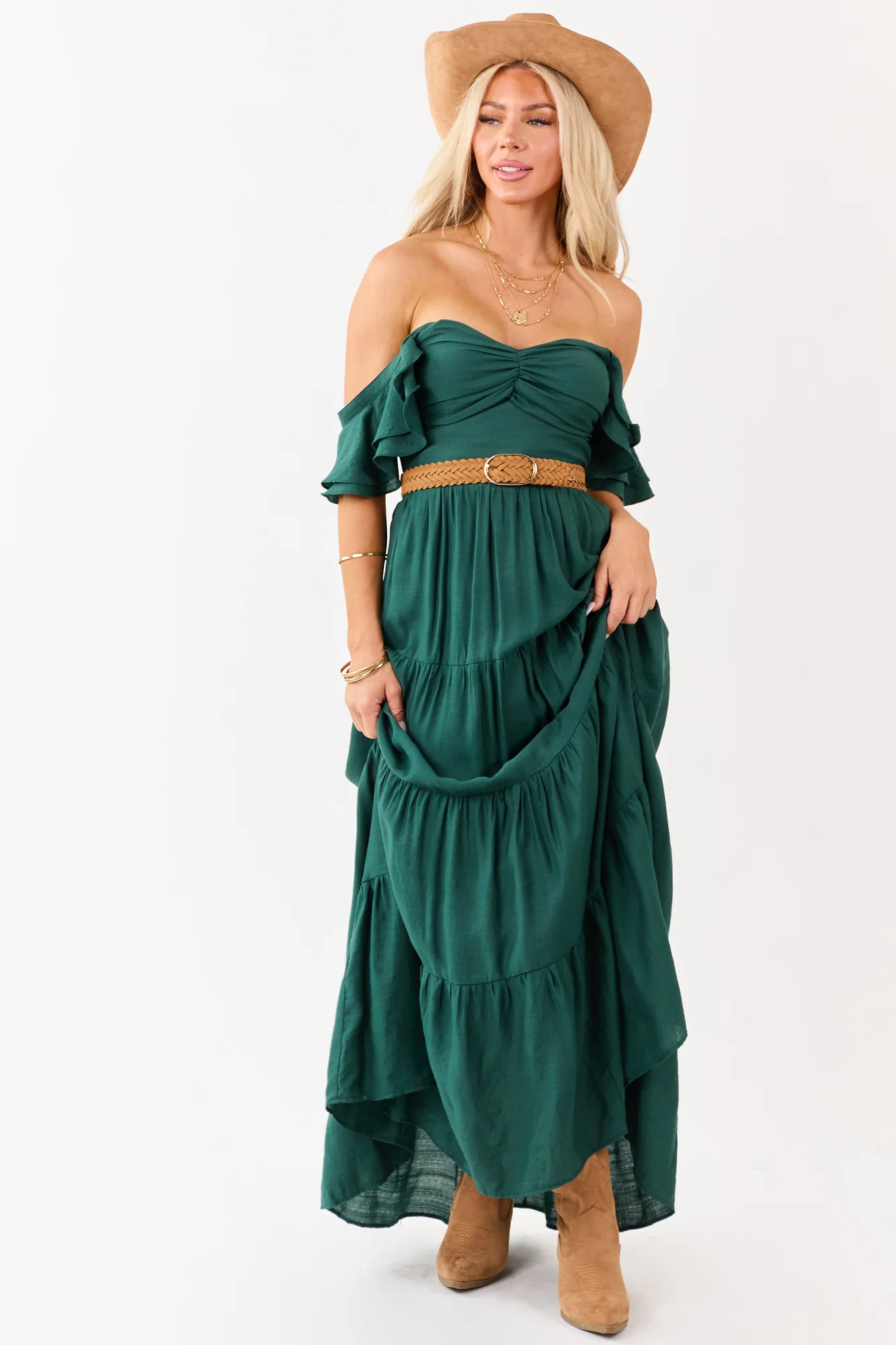 Forest Green Tiered Maxi Dress with Sweetheart Neckline