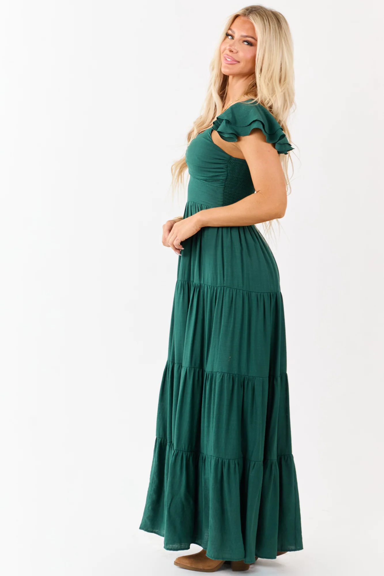 Forest Green Tiered Maxi Dress with Sweetheart Neckline