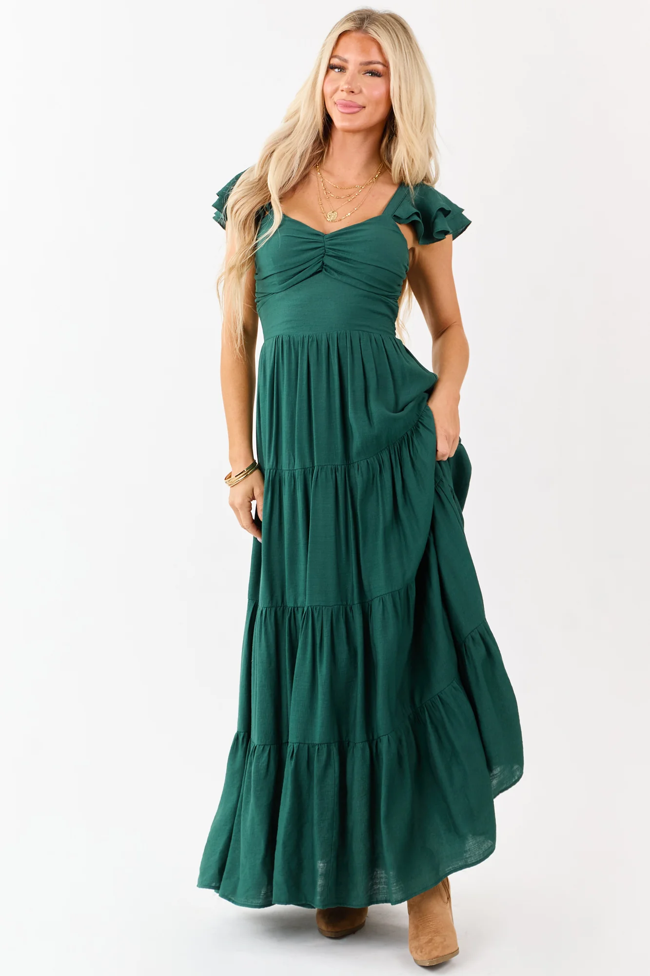 Forest Green Tiered Maxi Dress with Sweetheart Neckline