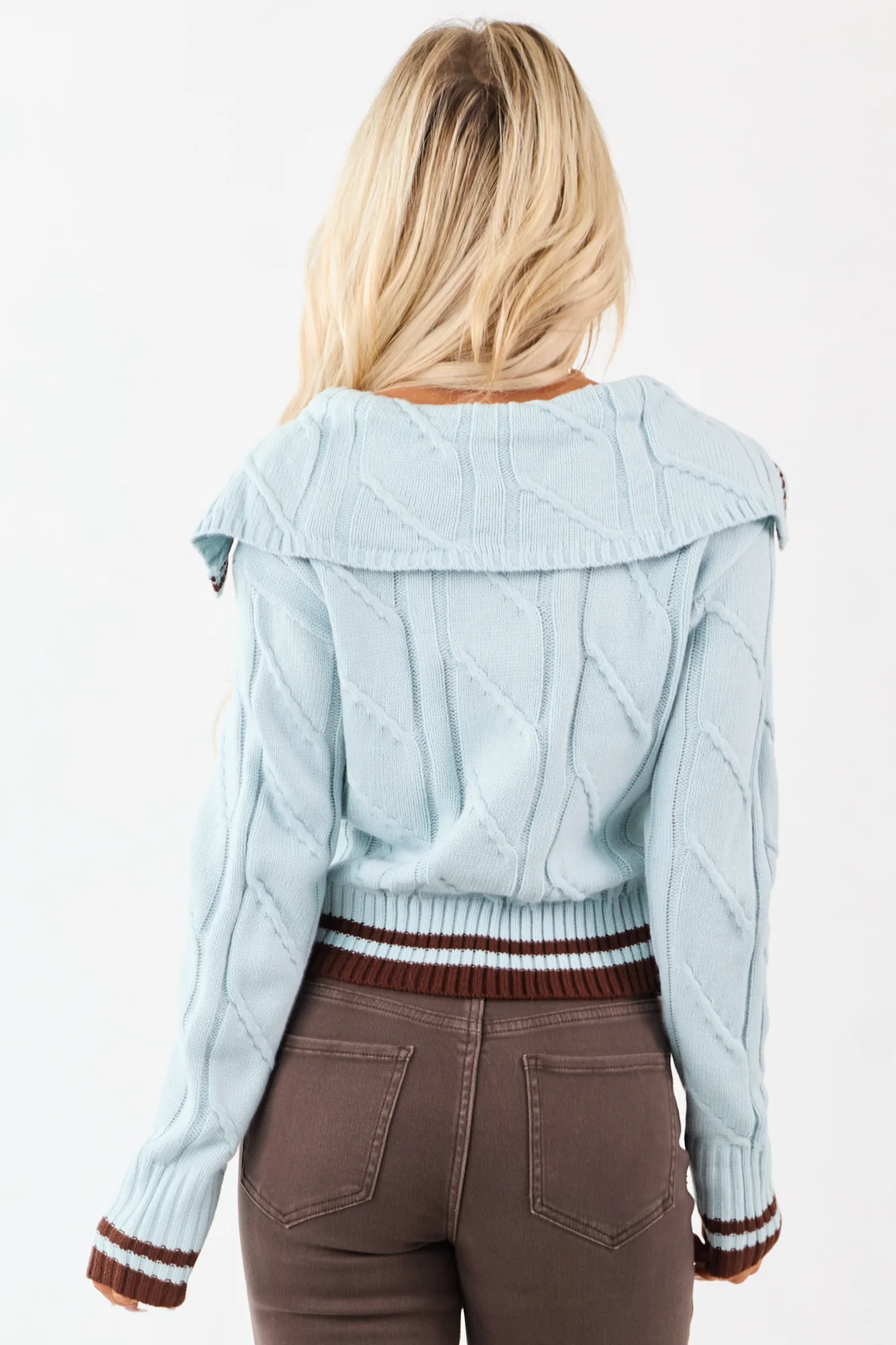 Arctic Blue Cable Knit Sweater with Striped Trim