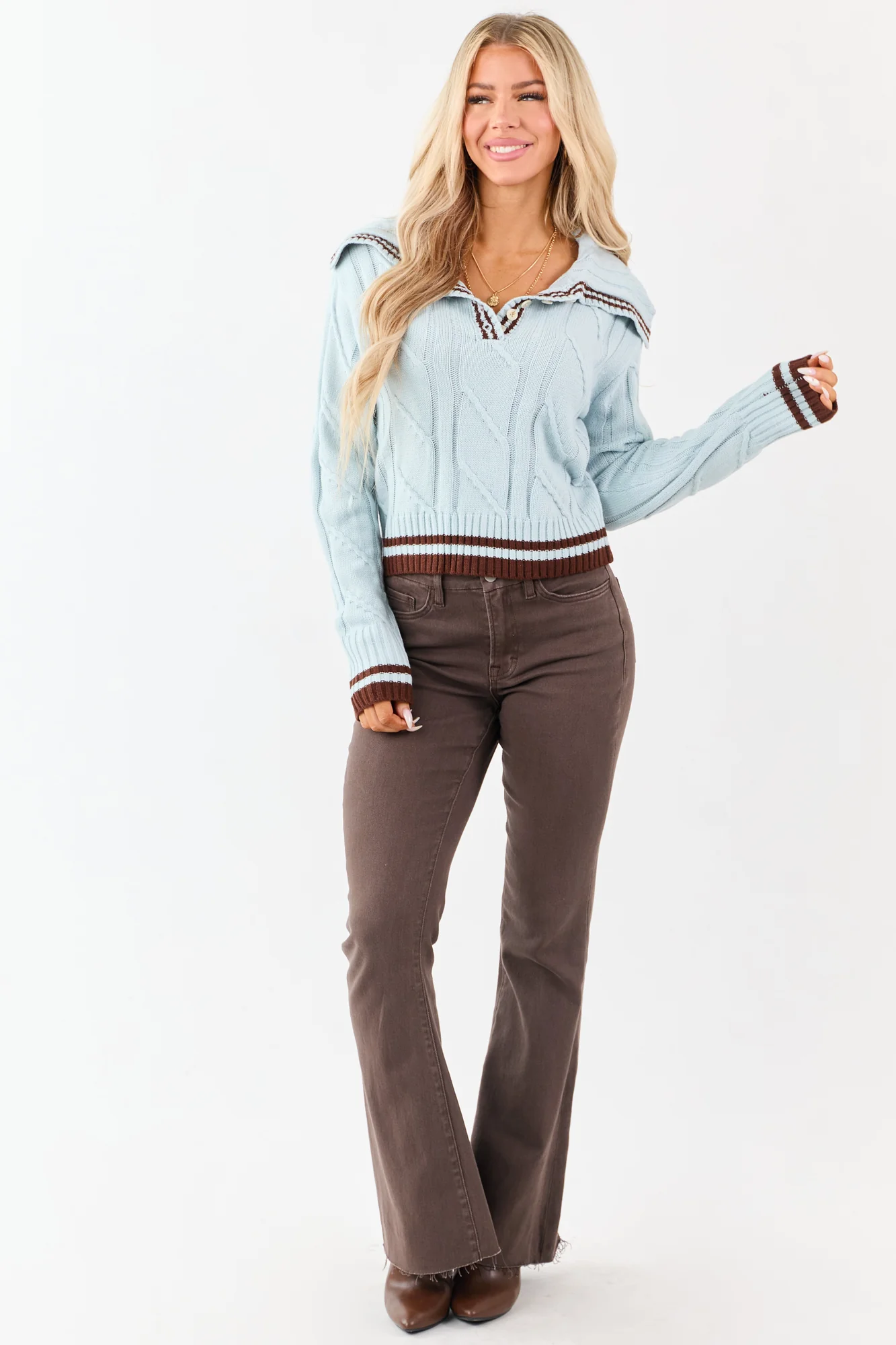 Arctic Blue Cable Knit Sweater with Striped Trim