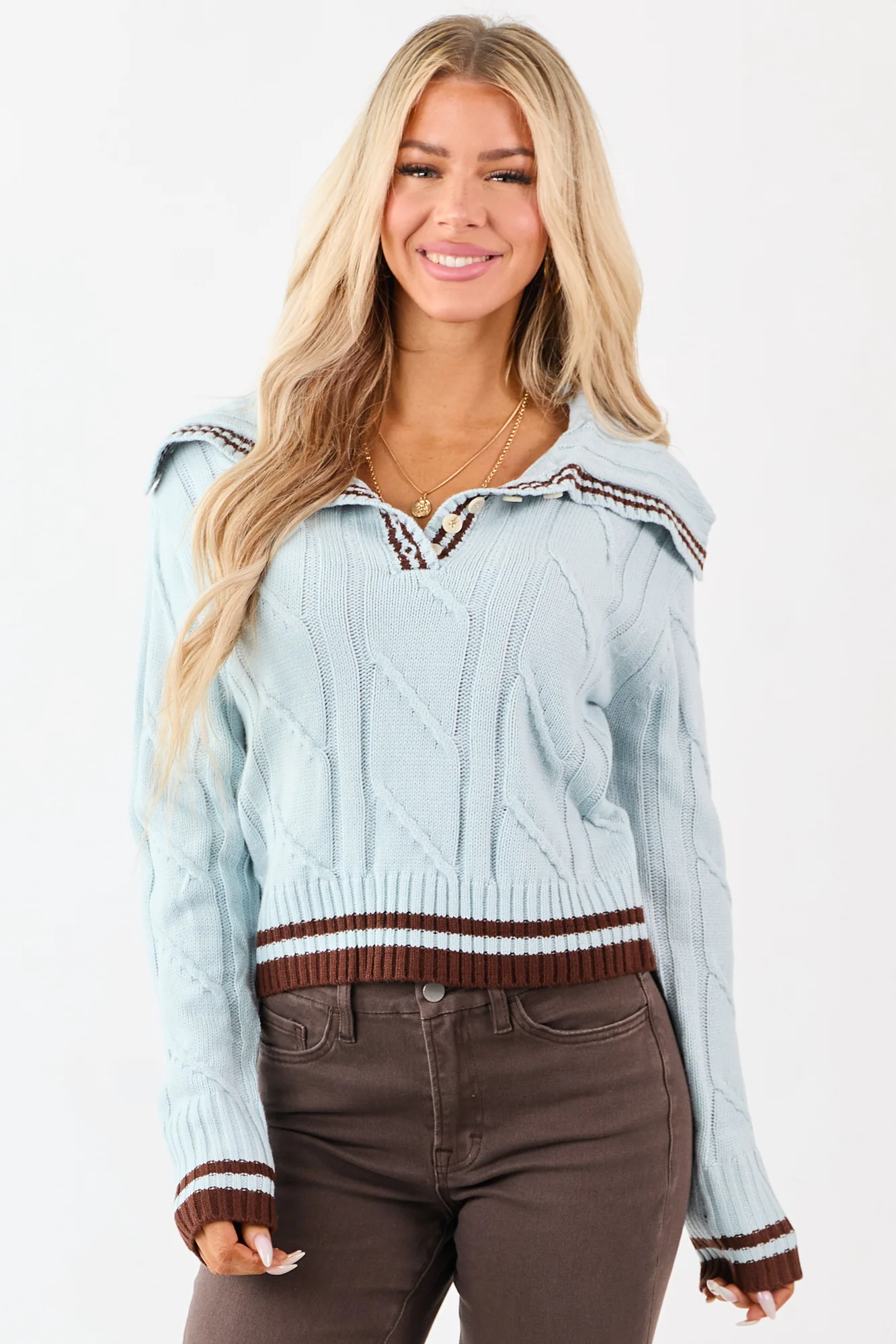 Arctic Blue Cable Knit Sweater with Striped Trim