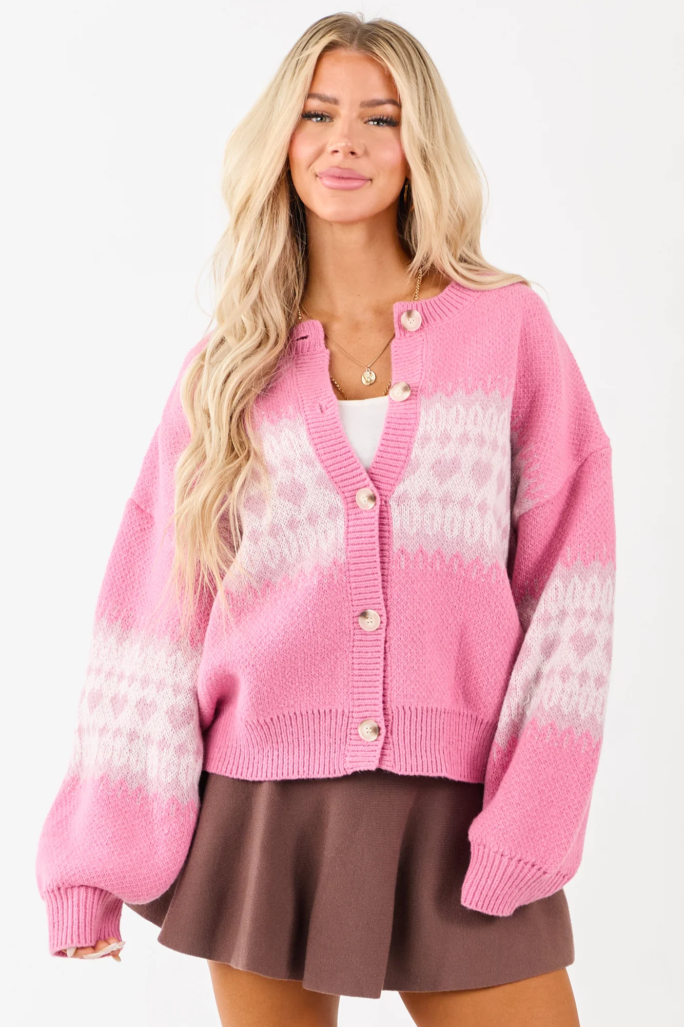Fair Isle Heart Knit Cardigan - Mauve and Off White