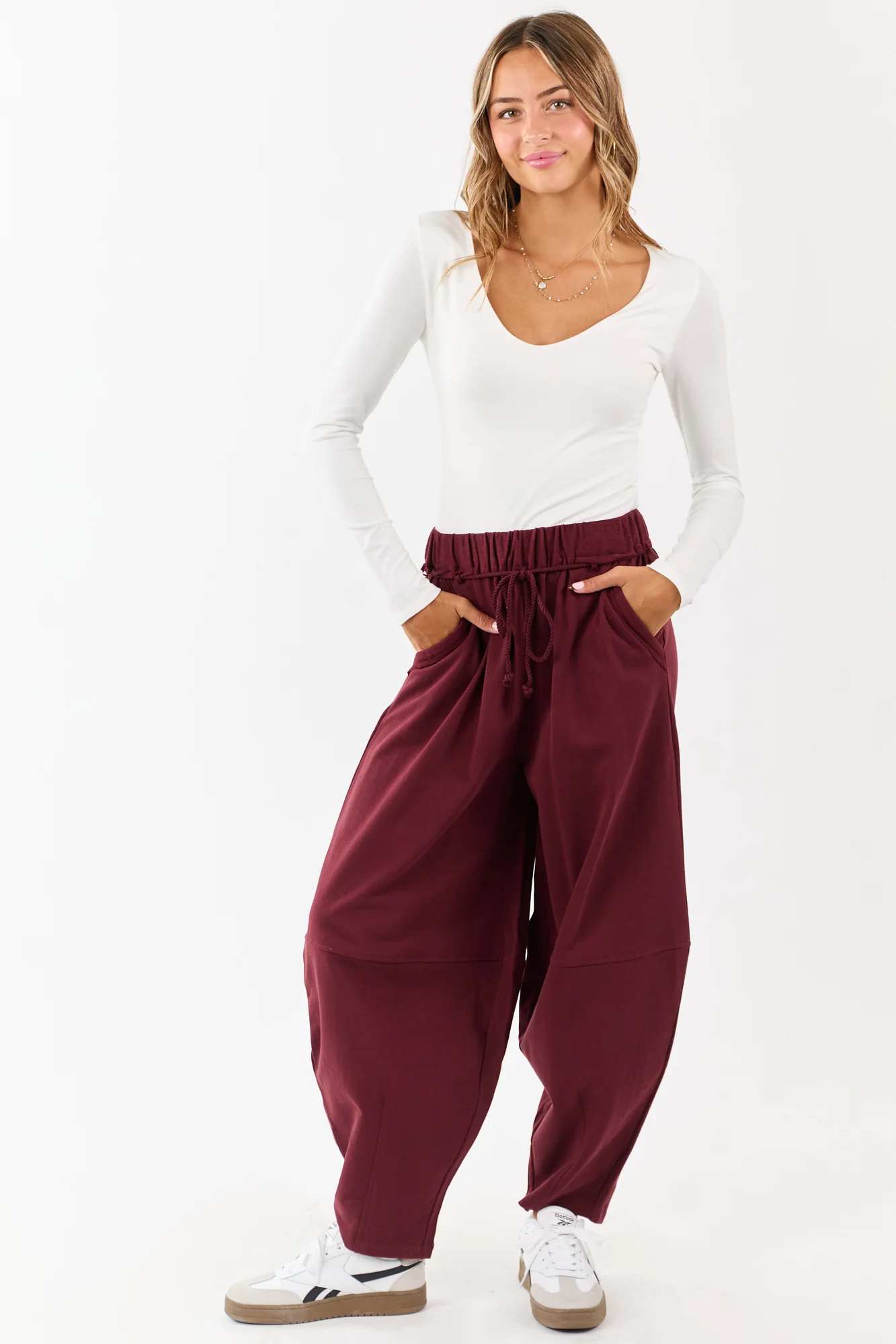 Maroon Cotton Sweatpants with Waist Tie