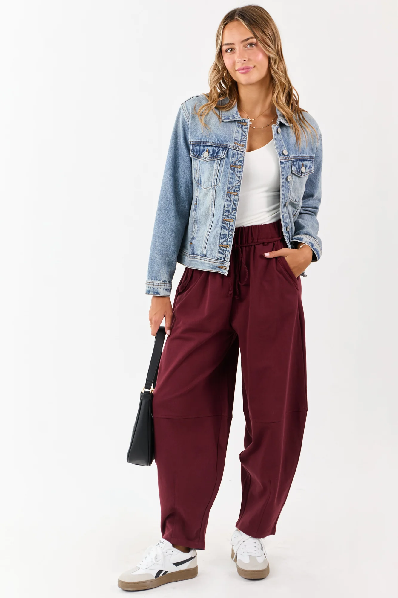 Maroon Cotton Sweatpants with Waist Tie