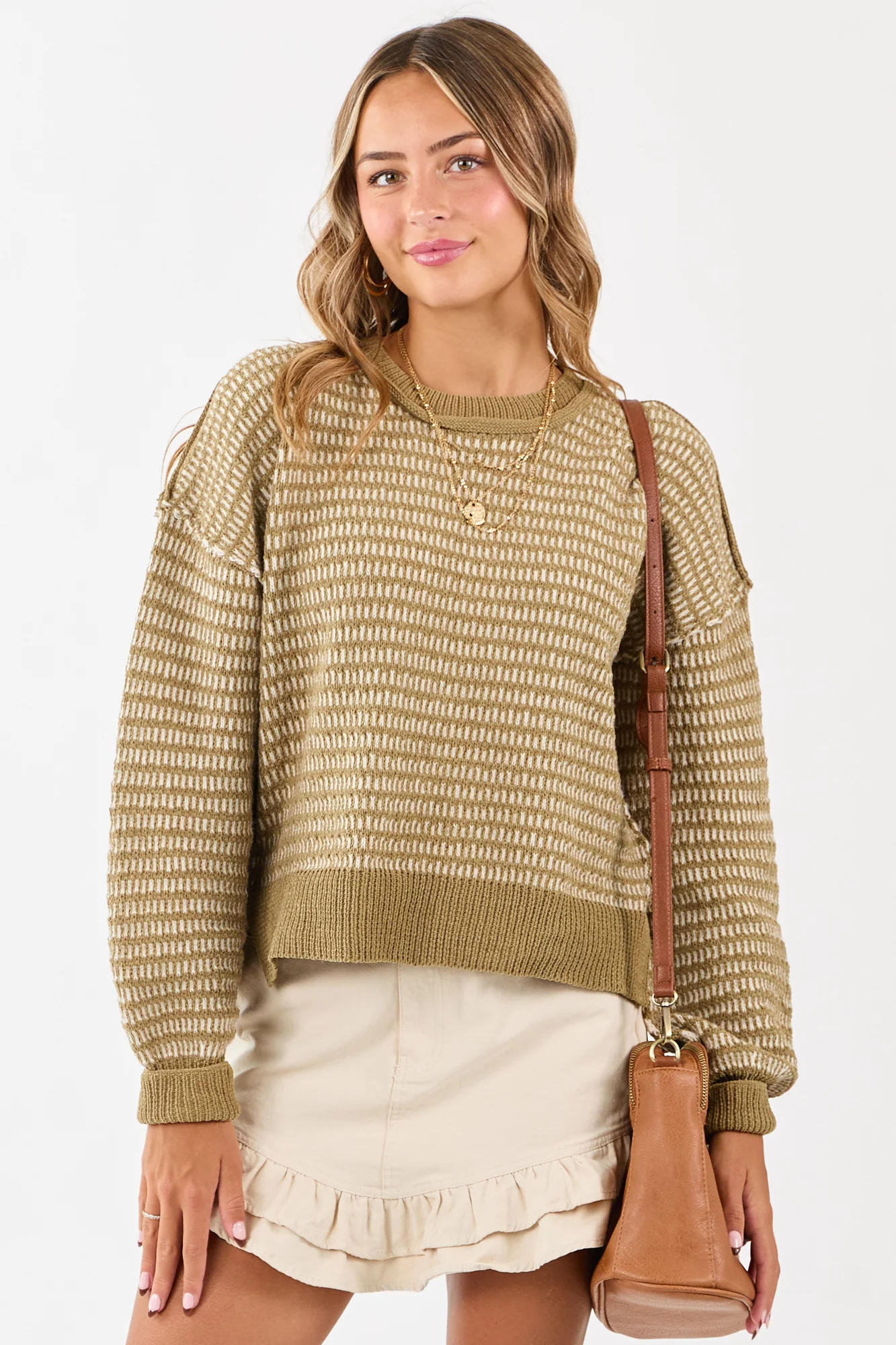Olive and Ivory Textured Knit Sweater - Two-Tone Ribbed Top