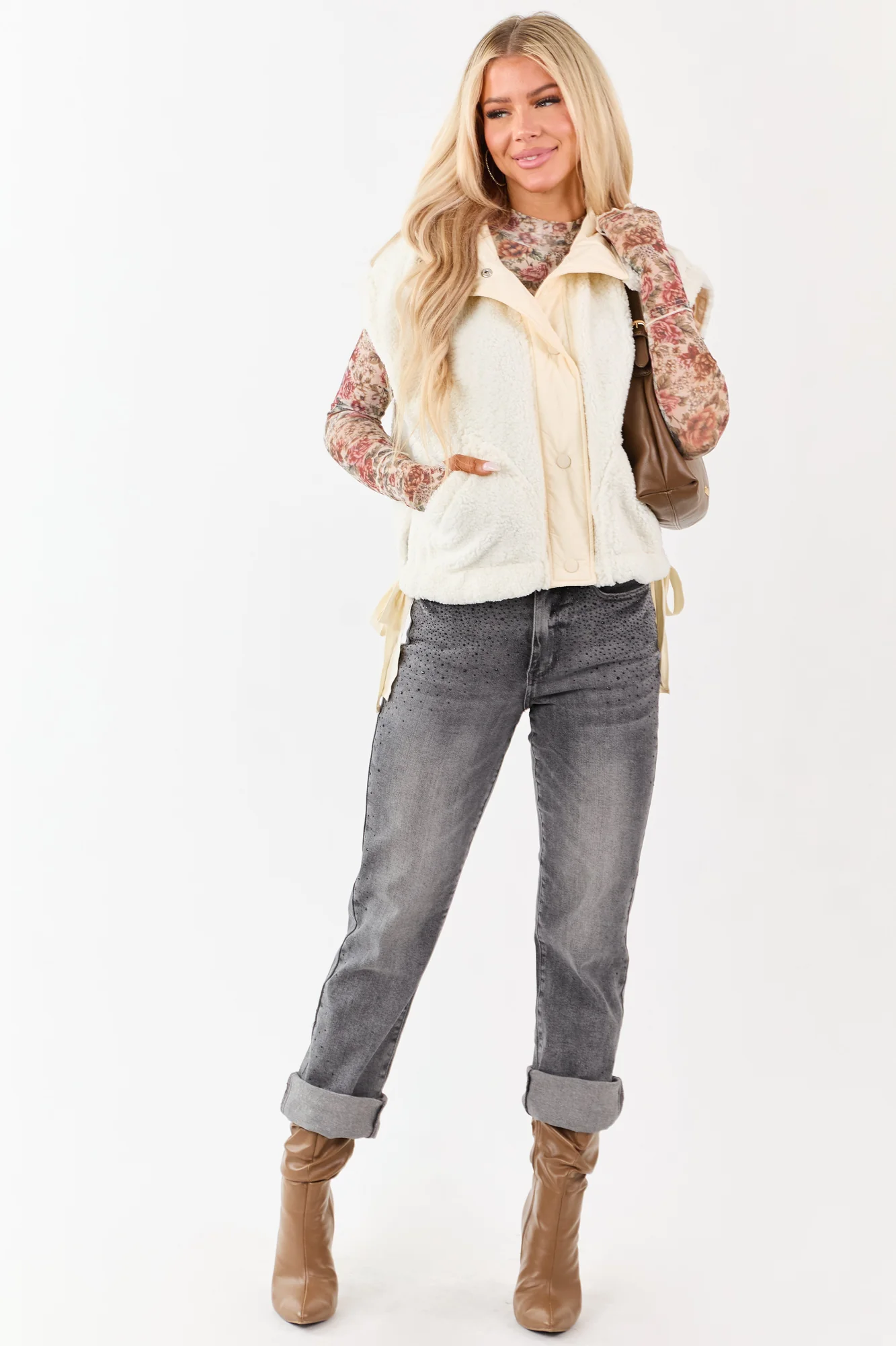 Cream Sherpa Button Down Side Tie Vest