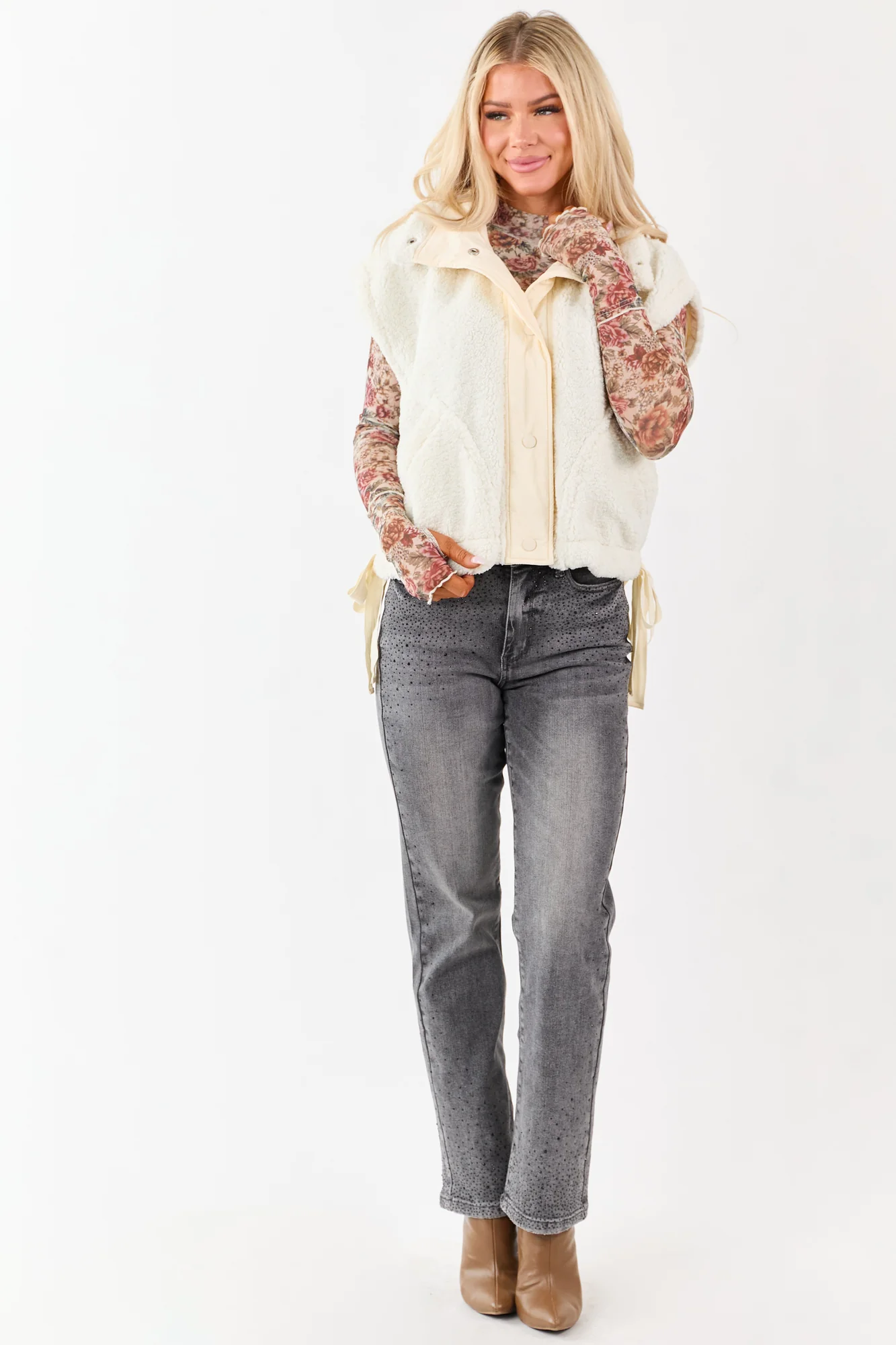 Cream Sherpa Button Down Side Tie Vest