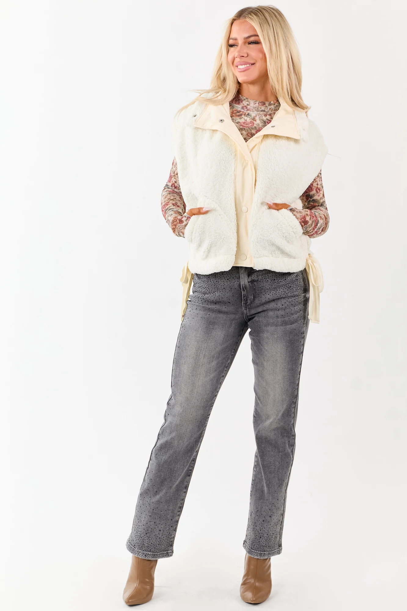 Cream Sherpa Button Down Side Tie Vest