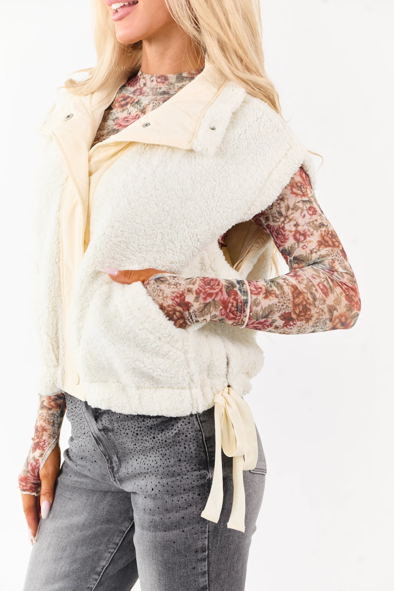 Cream Sherpa Button Down Side Tie Vest