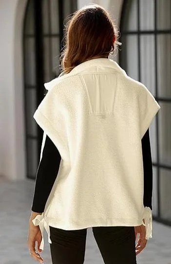 Cream Sherpa Button Down Side Tie Vest - Image 3