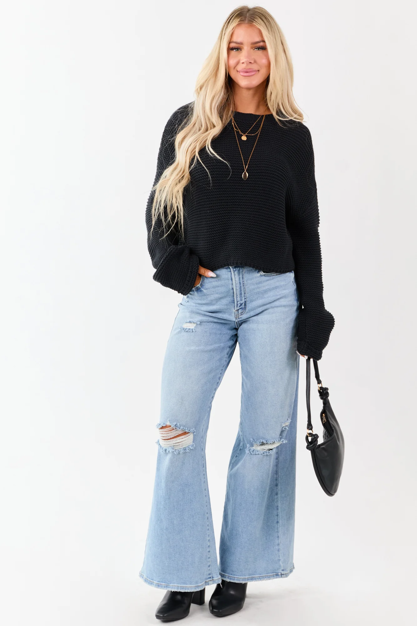 Distressed High Rise Wide Leg Light Wash Denim Jeans