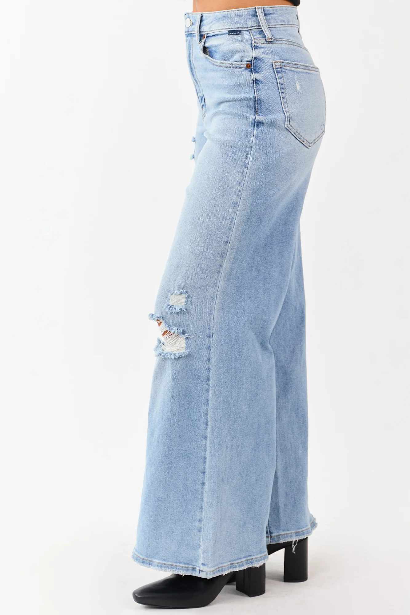 Distressed High Rise Wide Leg Light Wash Denim Jeans