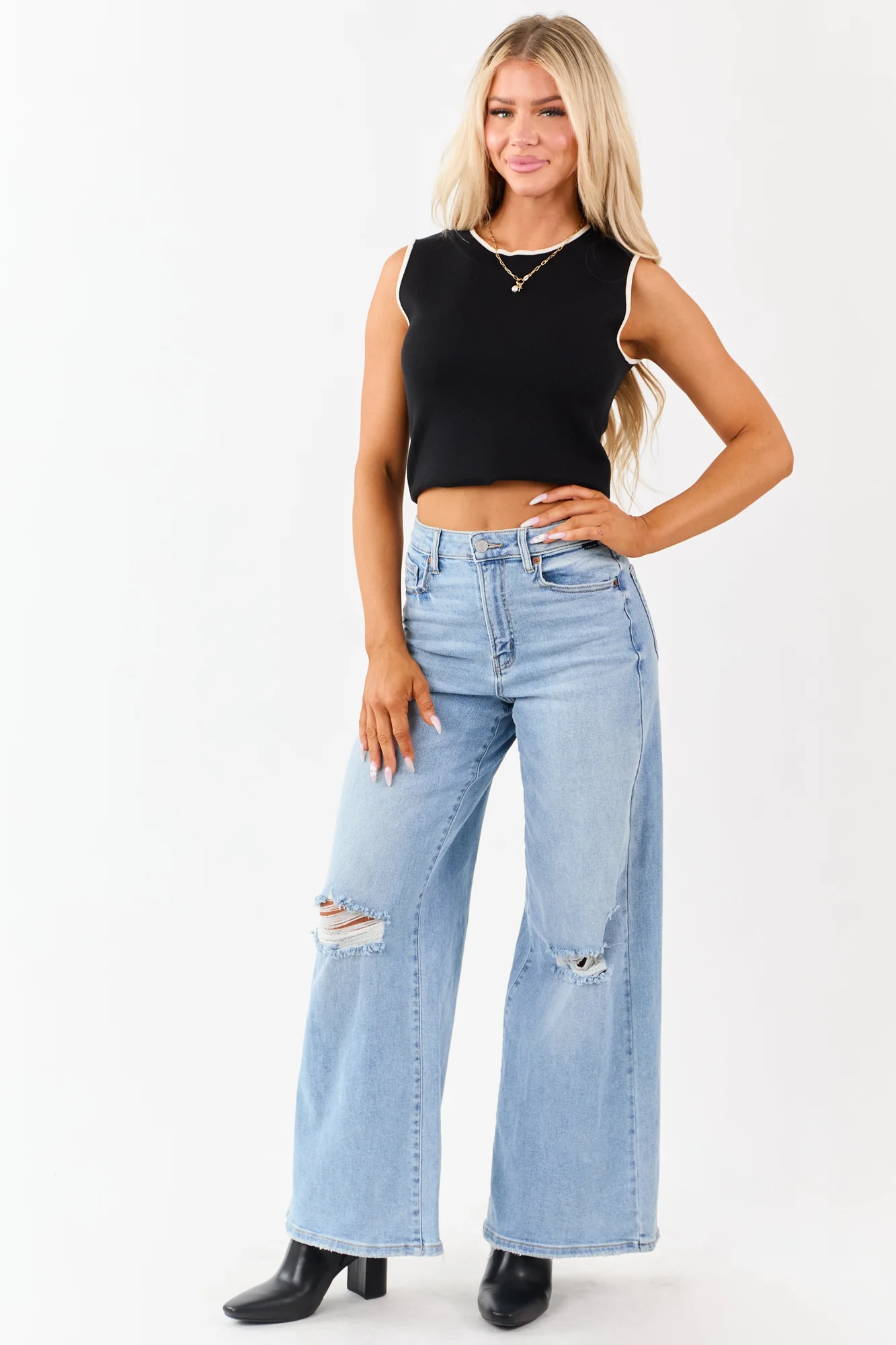 Distressed High Rise Wide Leg Light Wash Denim Jeans