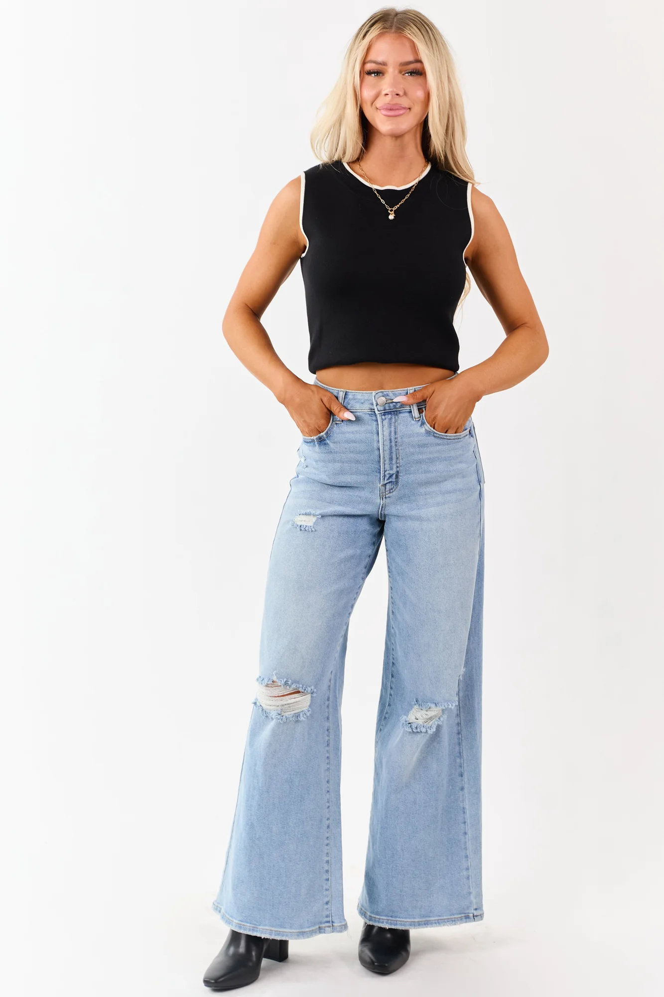 Distressed High Rise Wide Leg Light Wash Denim Jeans