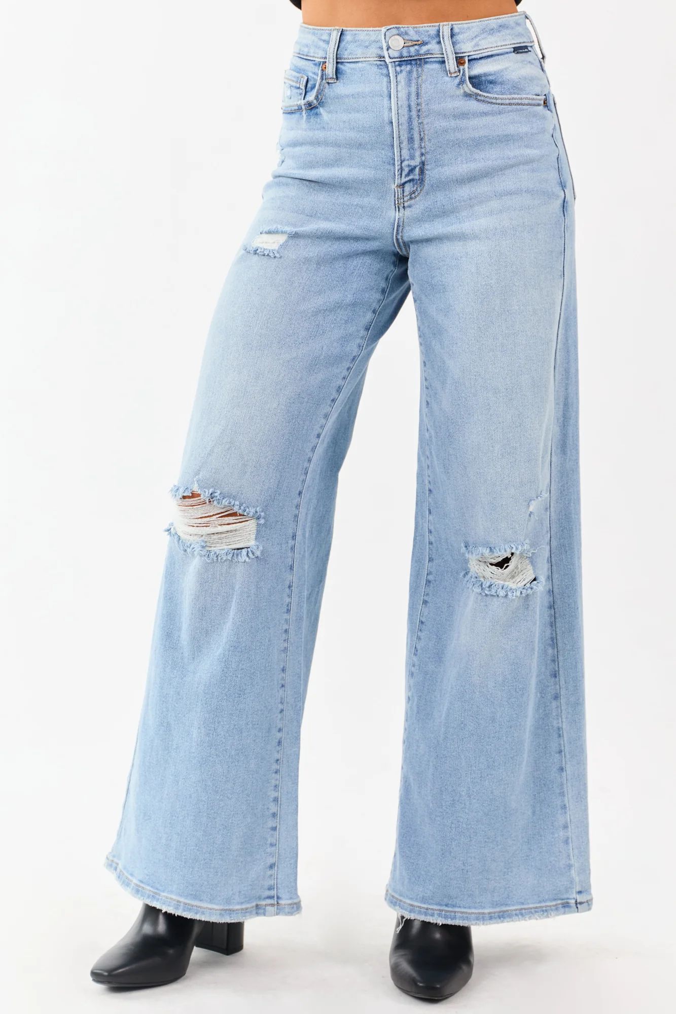 Distressed High Rise Wide Leg Light Wash Denim Jeans