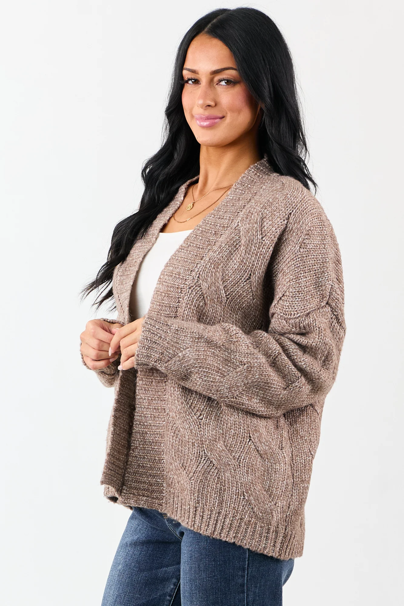 Brown Cable Knit Open Front Cardigan