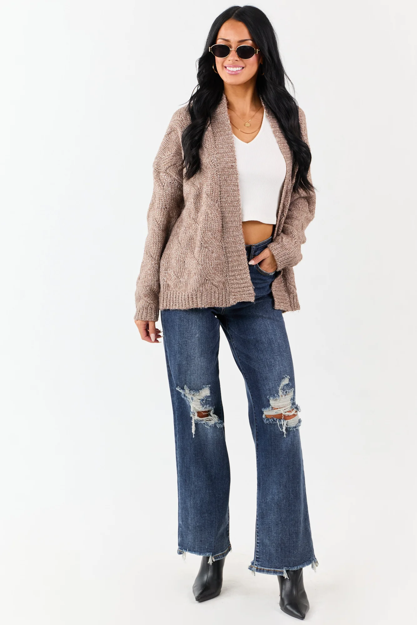 Brown Cable Knit Open Front Cardigan