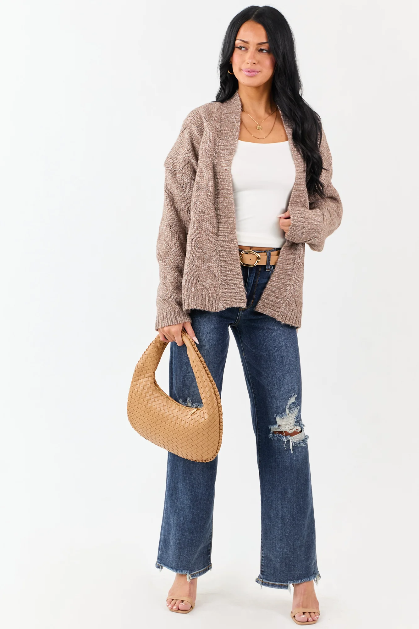 Brown Cable Knit Open Front Cardigan