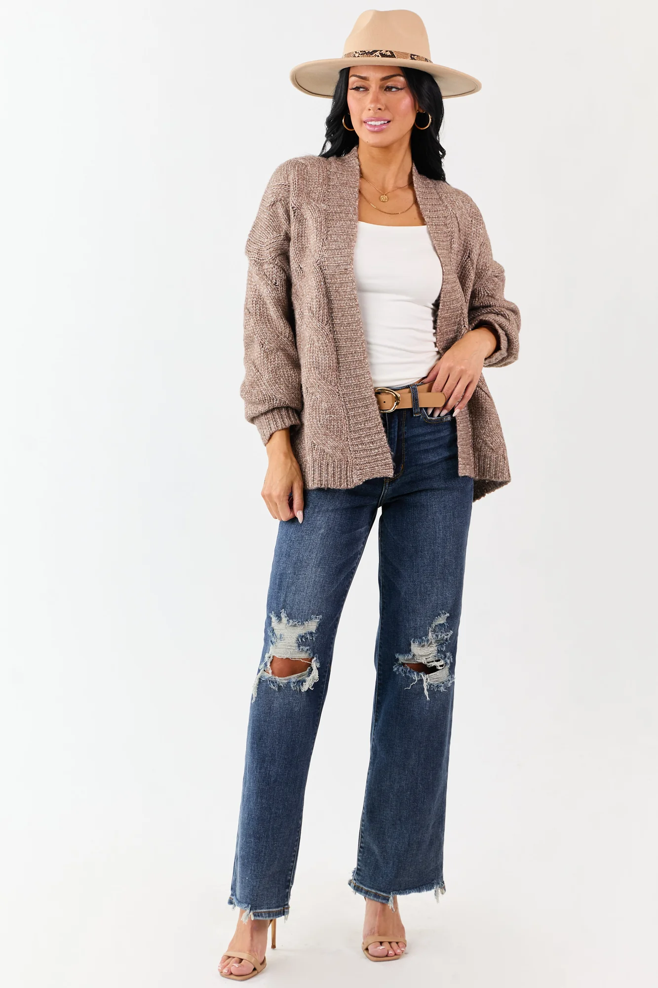 Brown Cable Knit Open Front Cardigan