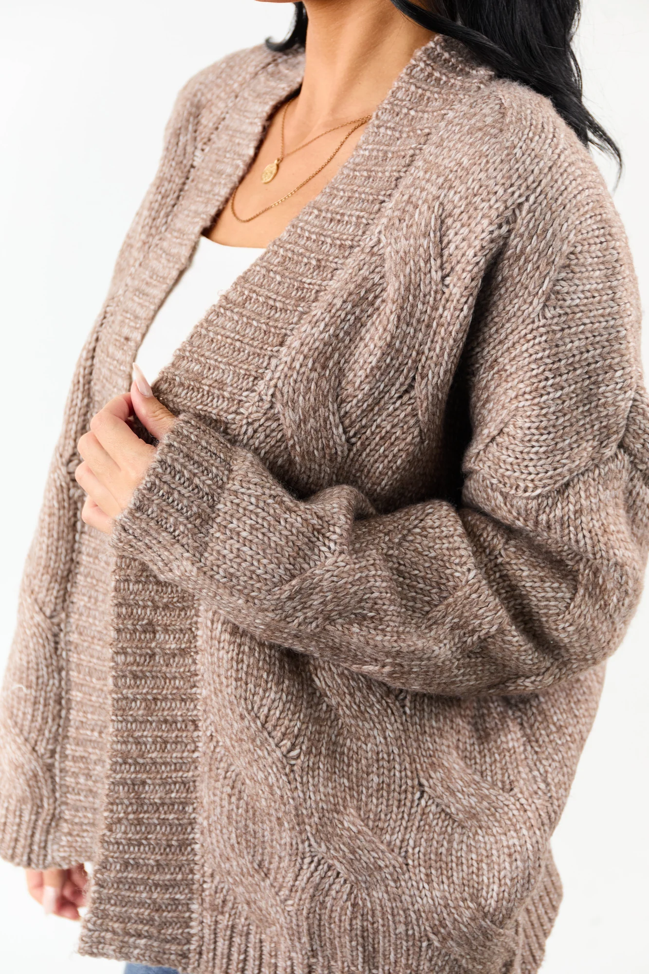 Brown Cable Knit Open Front Cardigan