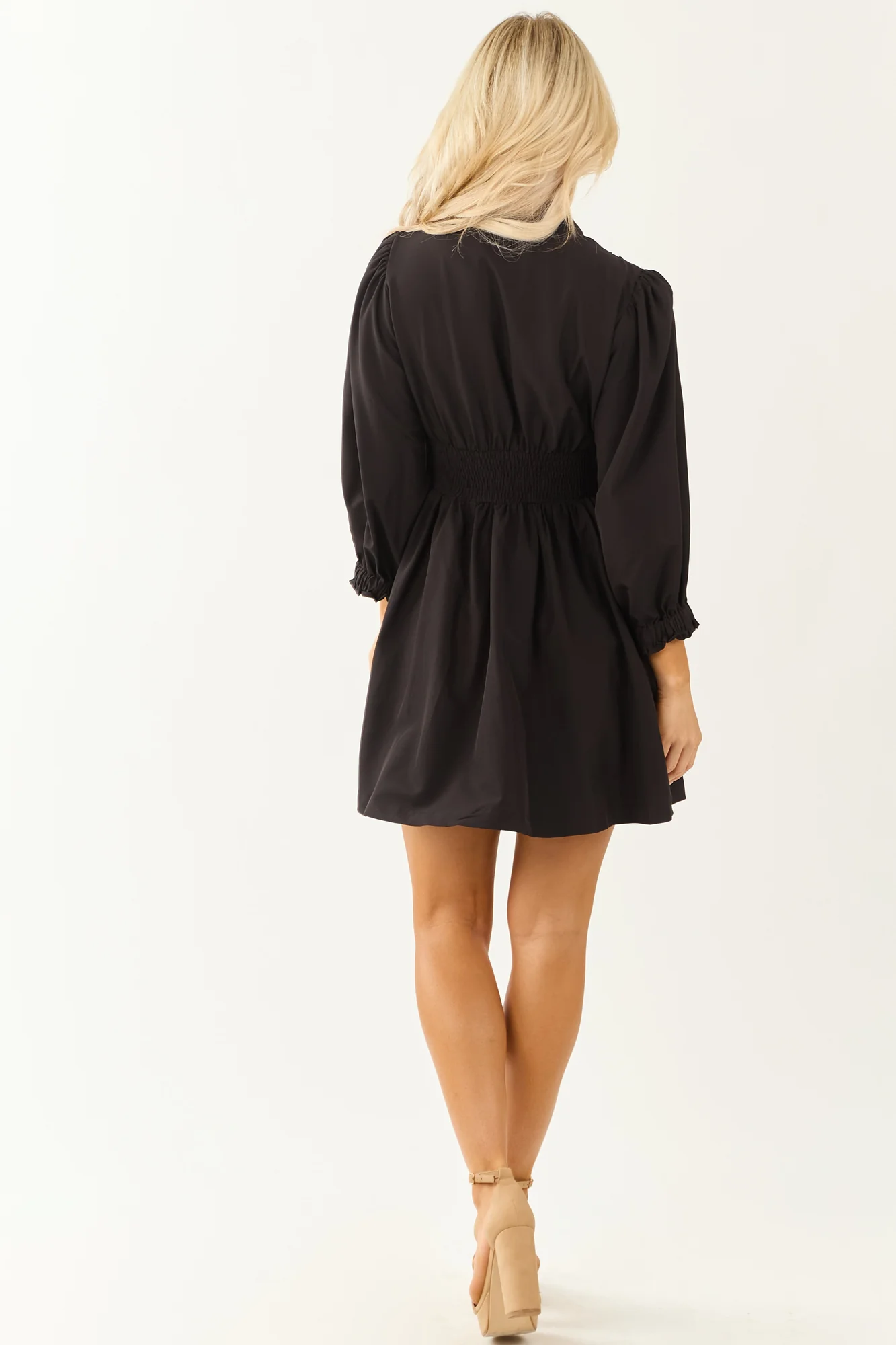 Black Smocked Waist Puff Sleeve Mini Dress