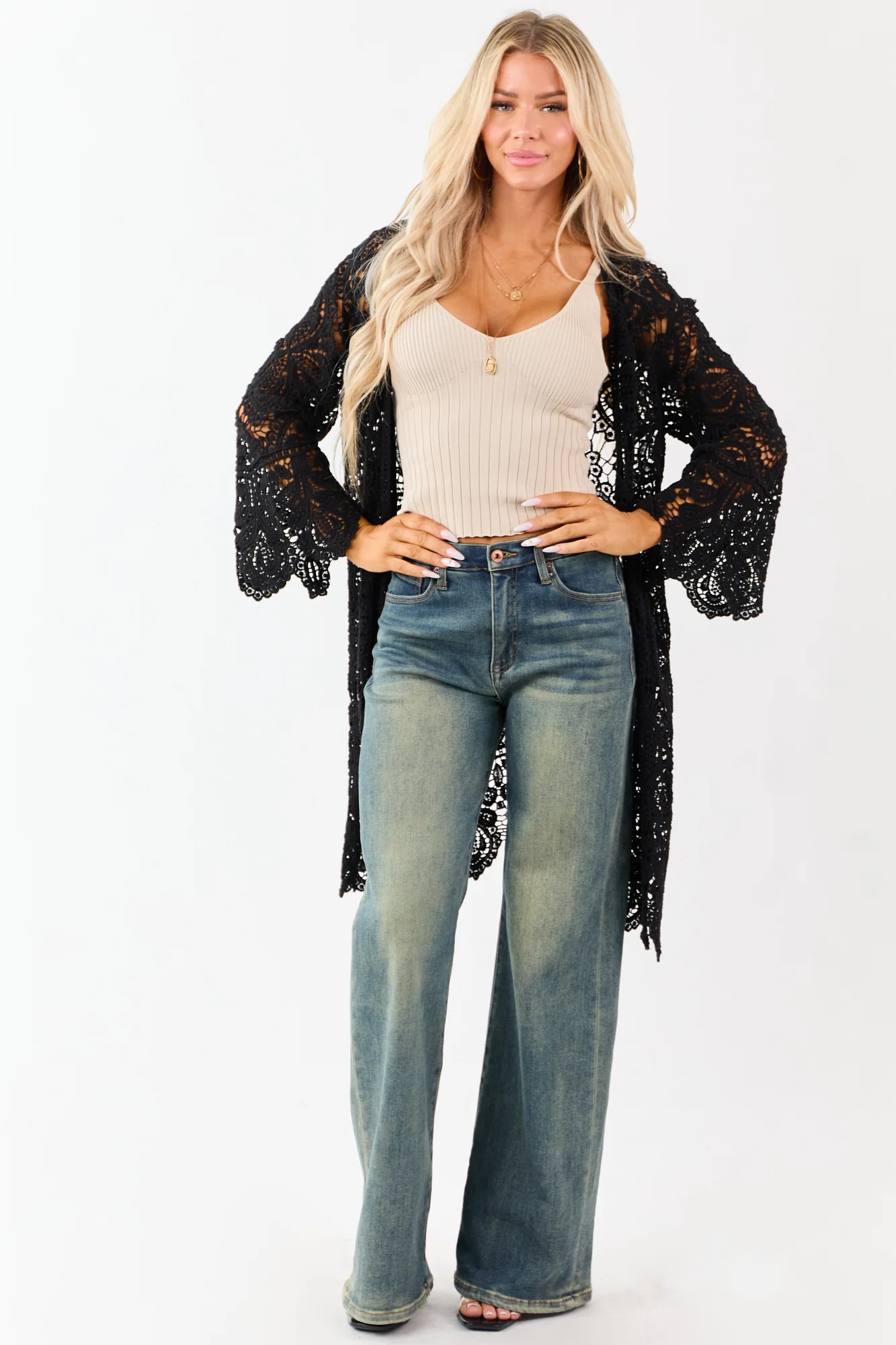 Boho Black Crochet Duster Cardigan - Elegant Floral Design