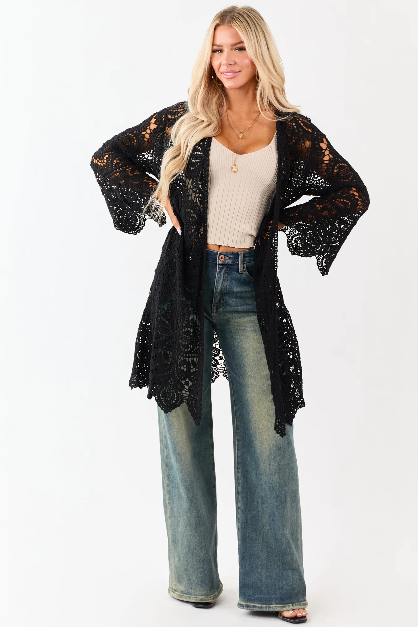 Boho Black Crochet Duster Cardigan - Elegant Floral Design