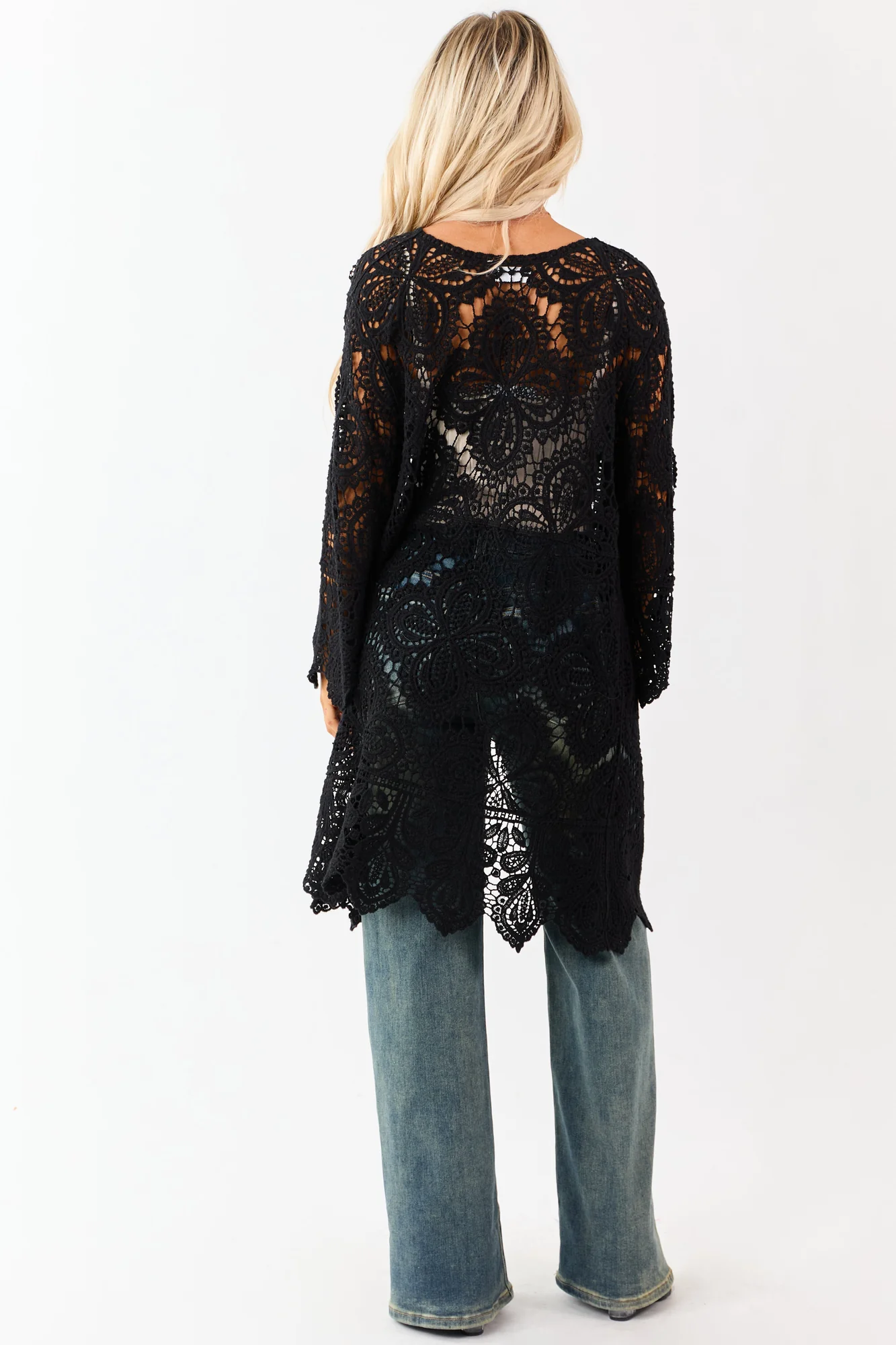 Boho Black Crochet Duster Cardigan - Elegant Floral Design