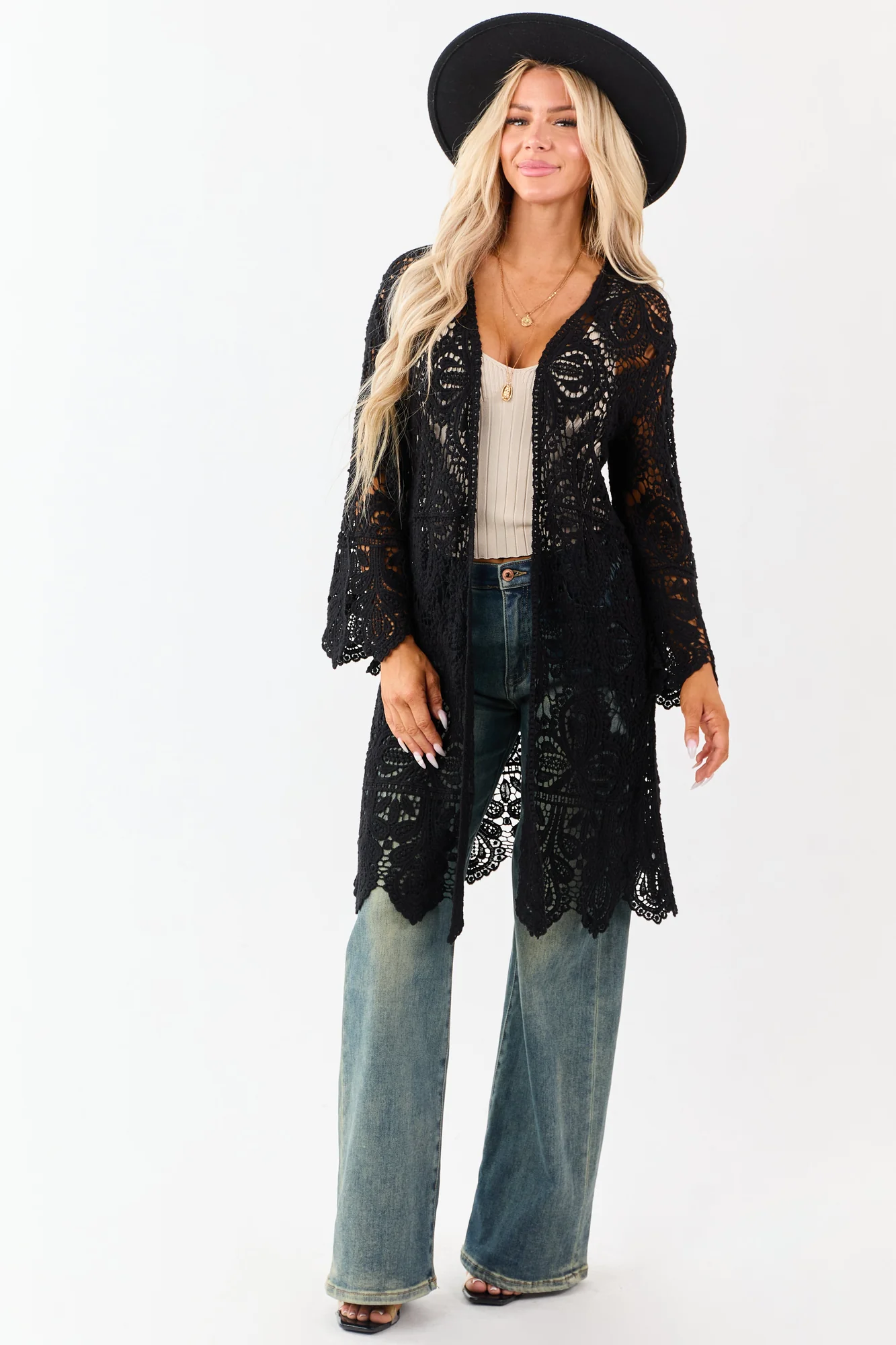 Boho Black Crochet Duster Cardigan - Elegant Floral Design