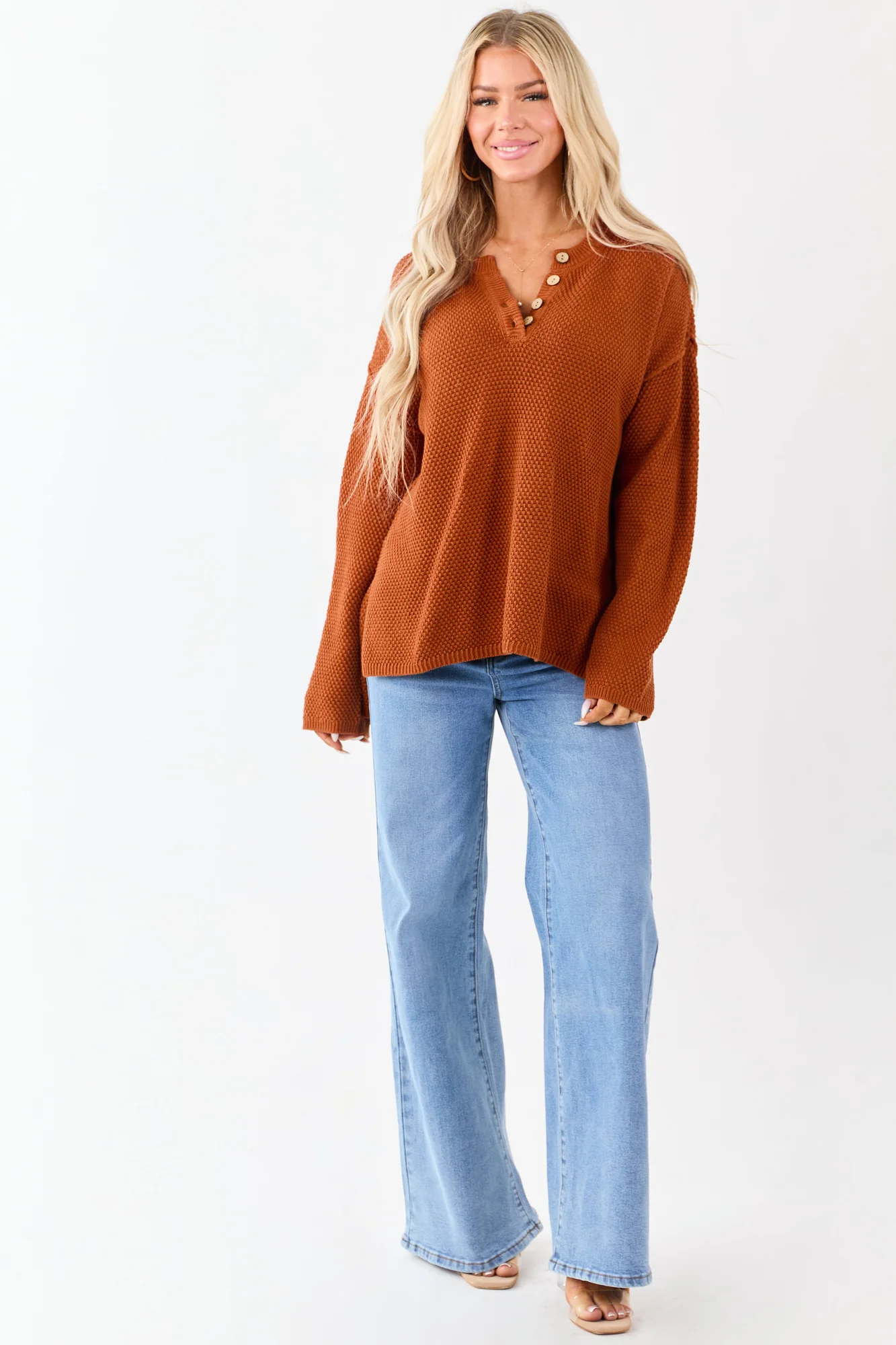 Textured Knit Henley Neck Sweater