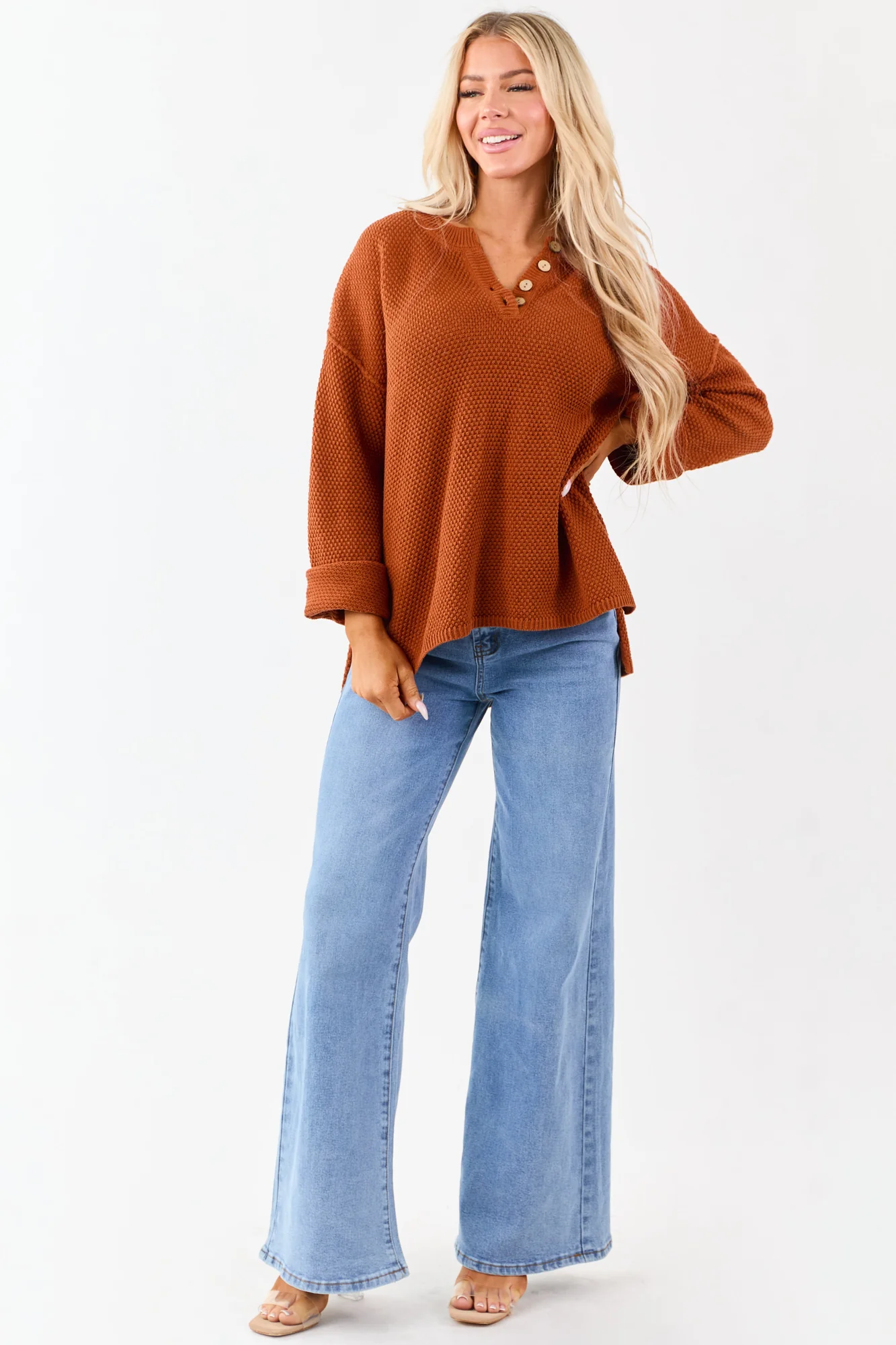 Textured Knit Henley Neck Sweater