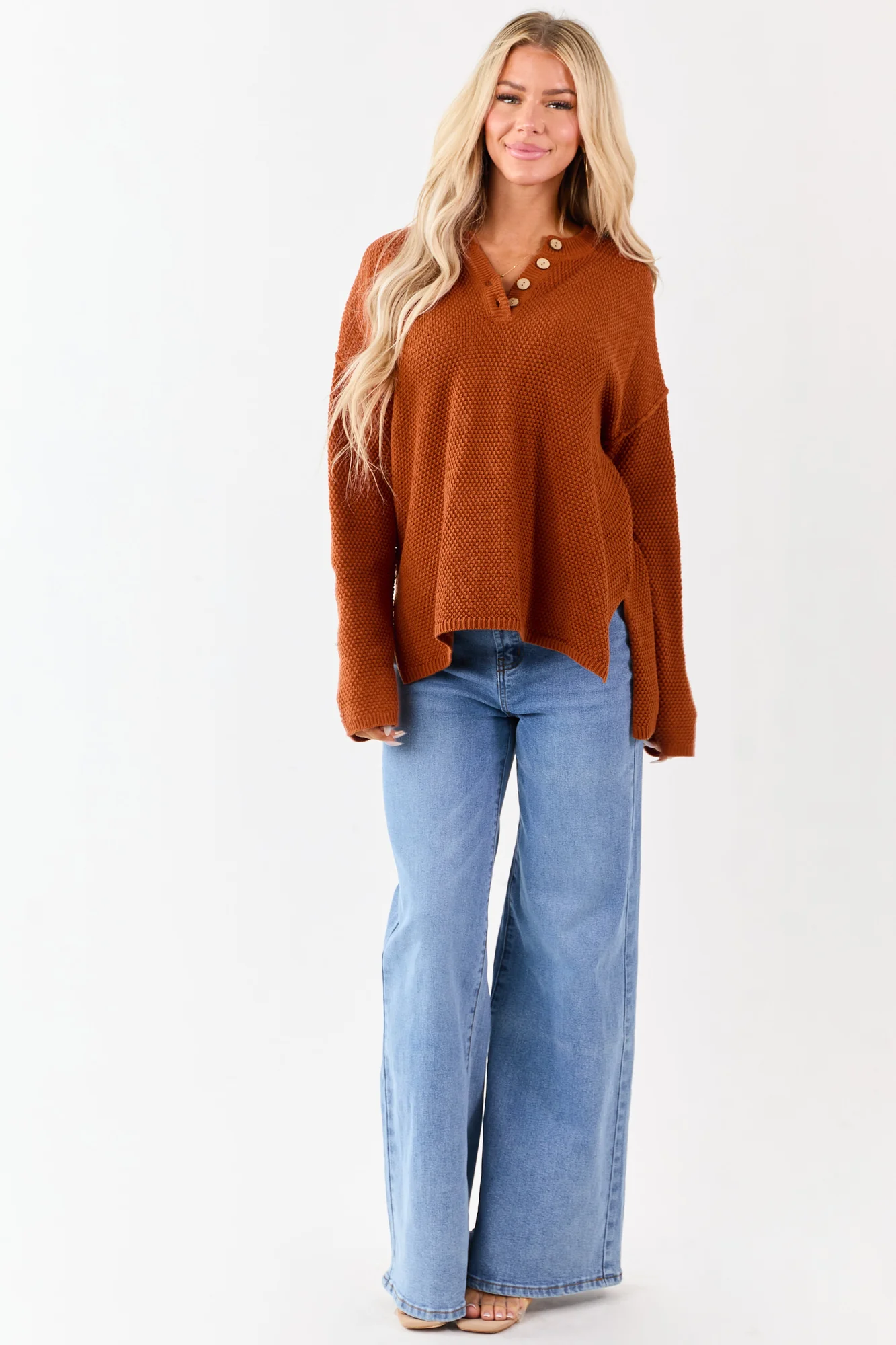 Textured Knit Henley Neck Sweater