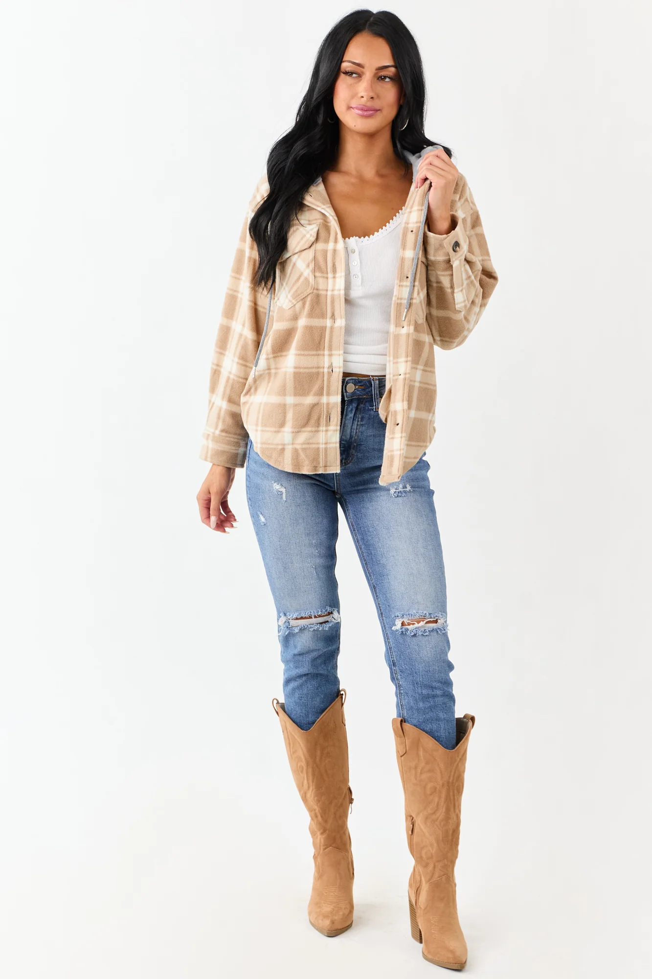 Latte Plaid Fleece Hooded Button Jacket