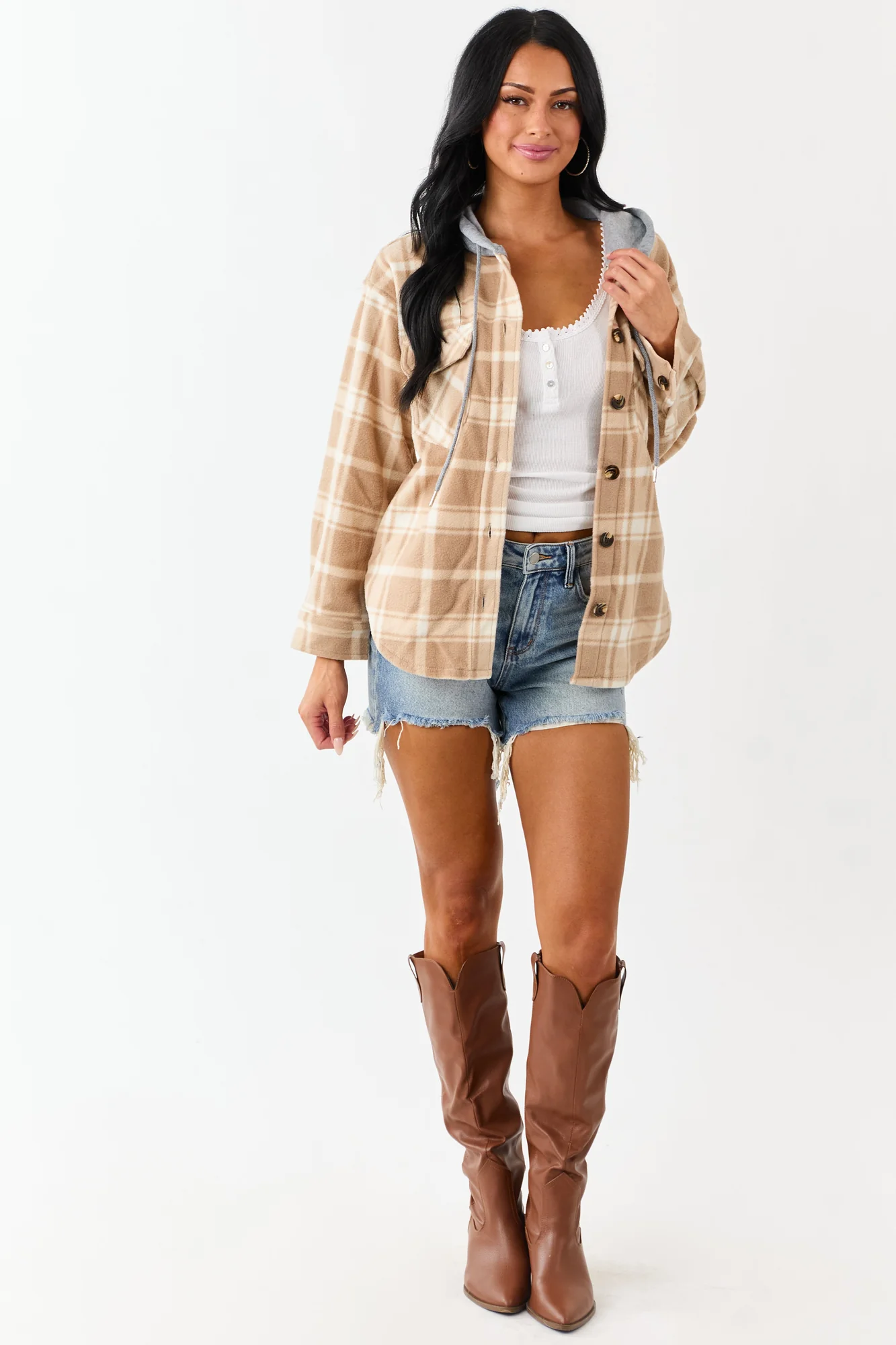 Latte Plaid Fleece Hooded Button Jacket