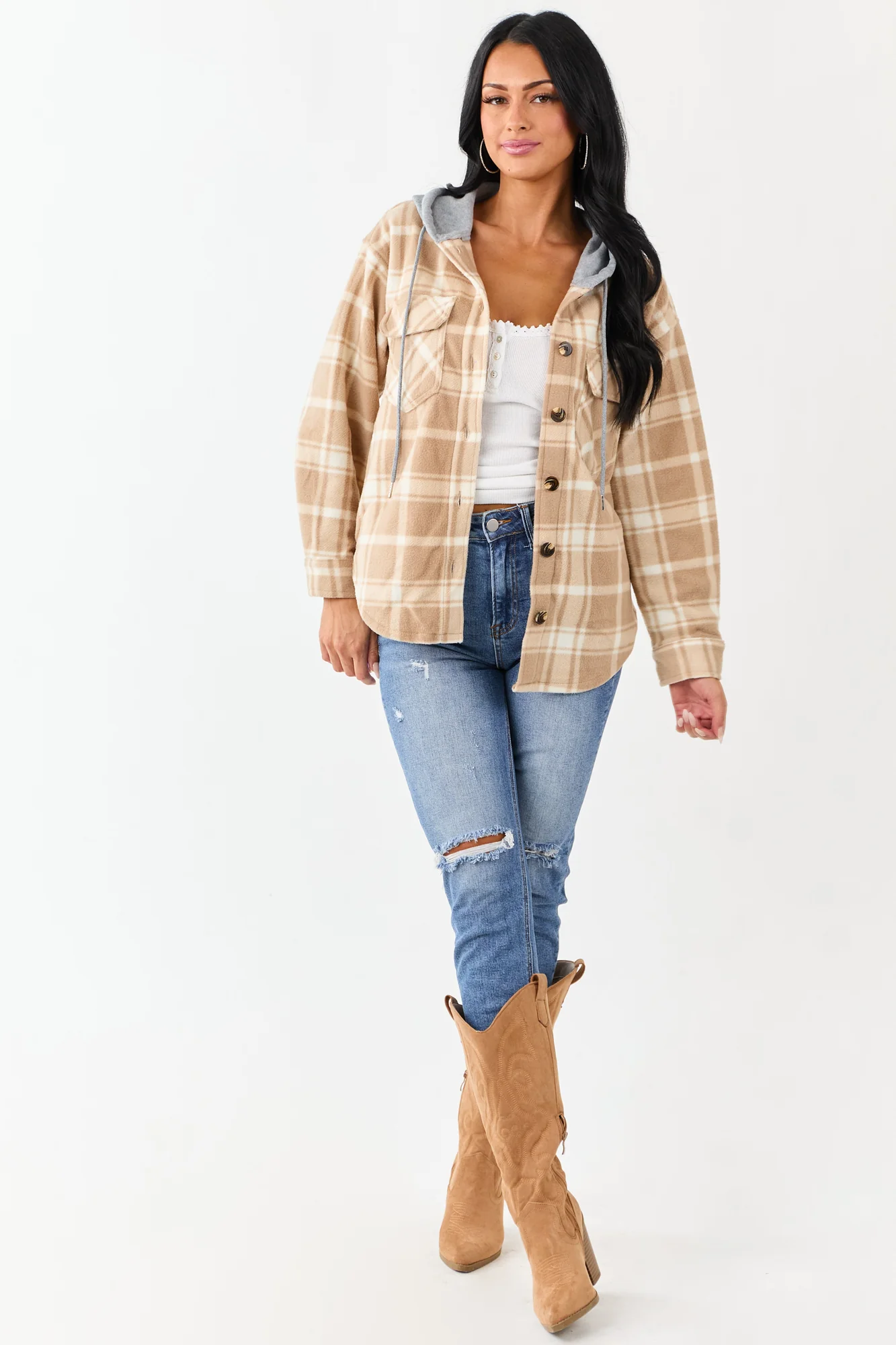 Latte Plaid Fleece Hooded Button Jacket
