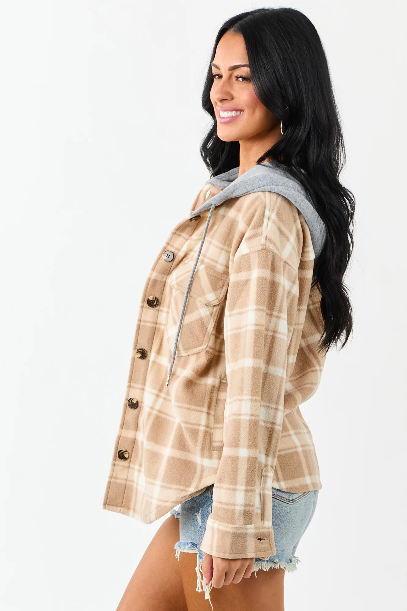 Latte Plaid Fleece Hooded Button Jacket