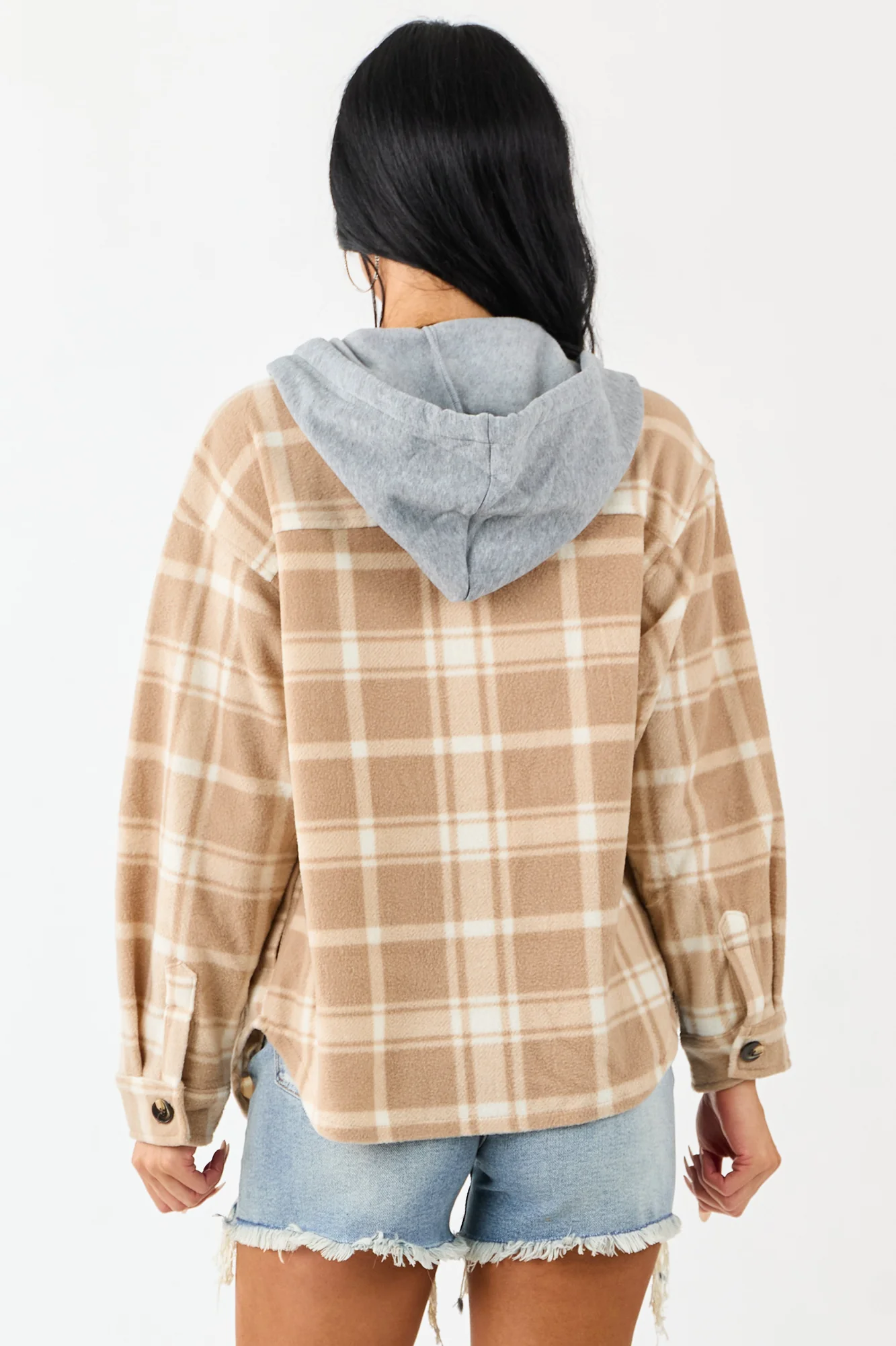 Latte Plaid Fleece Hooded Button Jacket