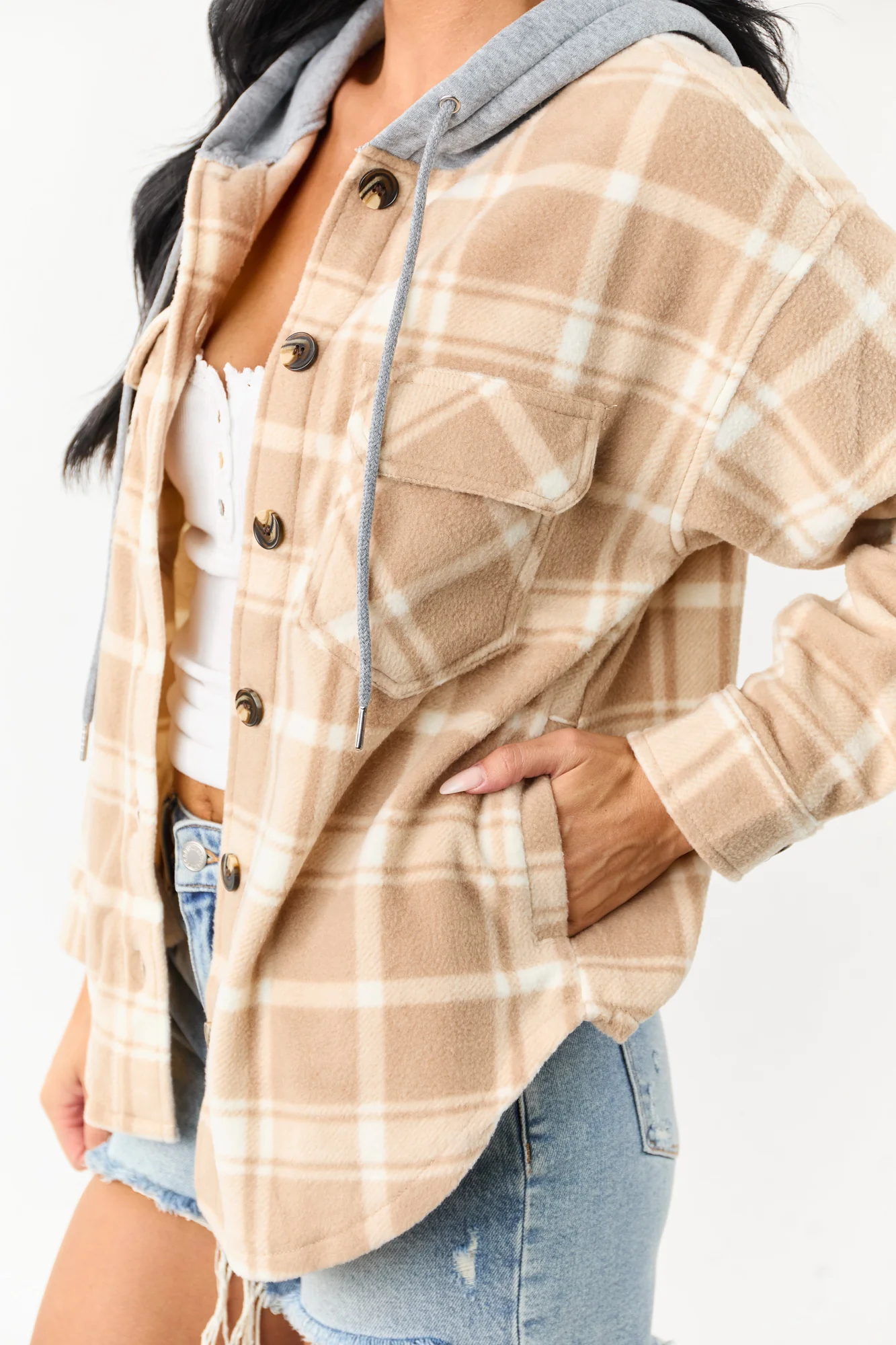 Latte Plaid Fleece Hooded Button Jacket