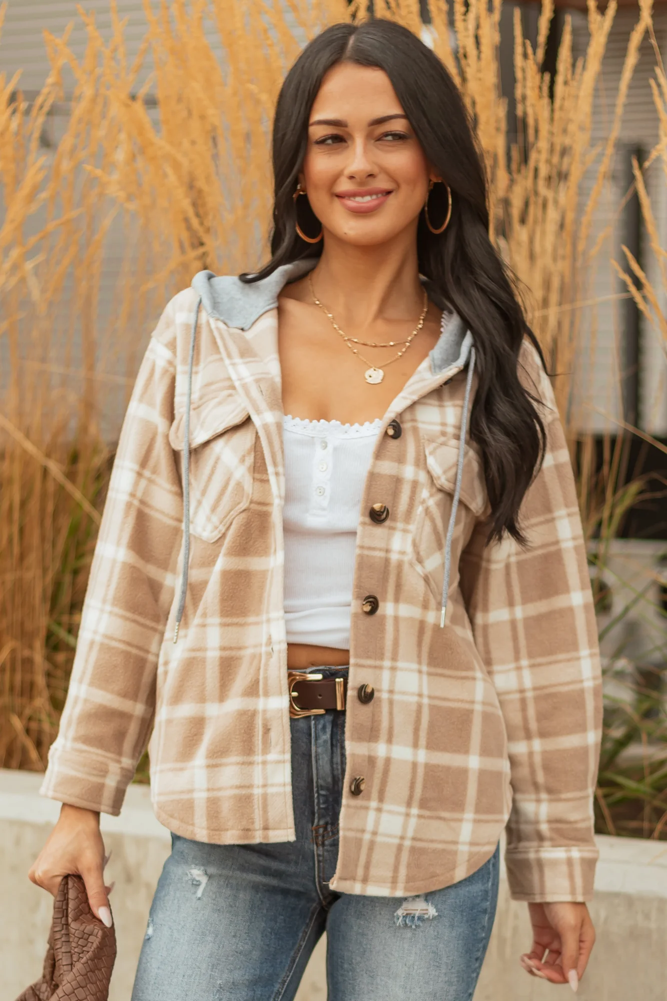 Latte Plaid Fleece Hooded Button Jacket