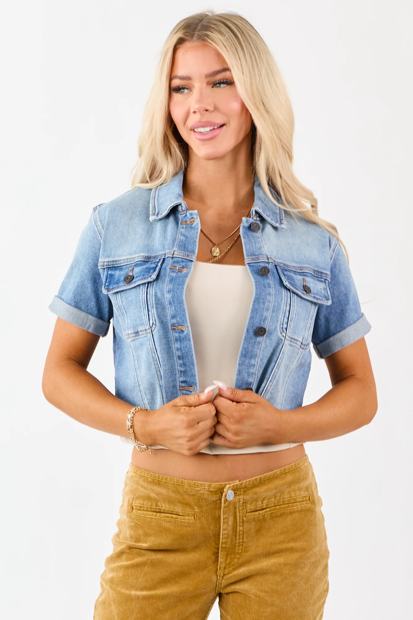 Medium Wash Cropped Denim Jacket Short Sleeve