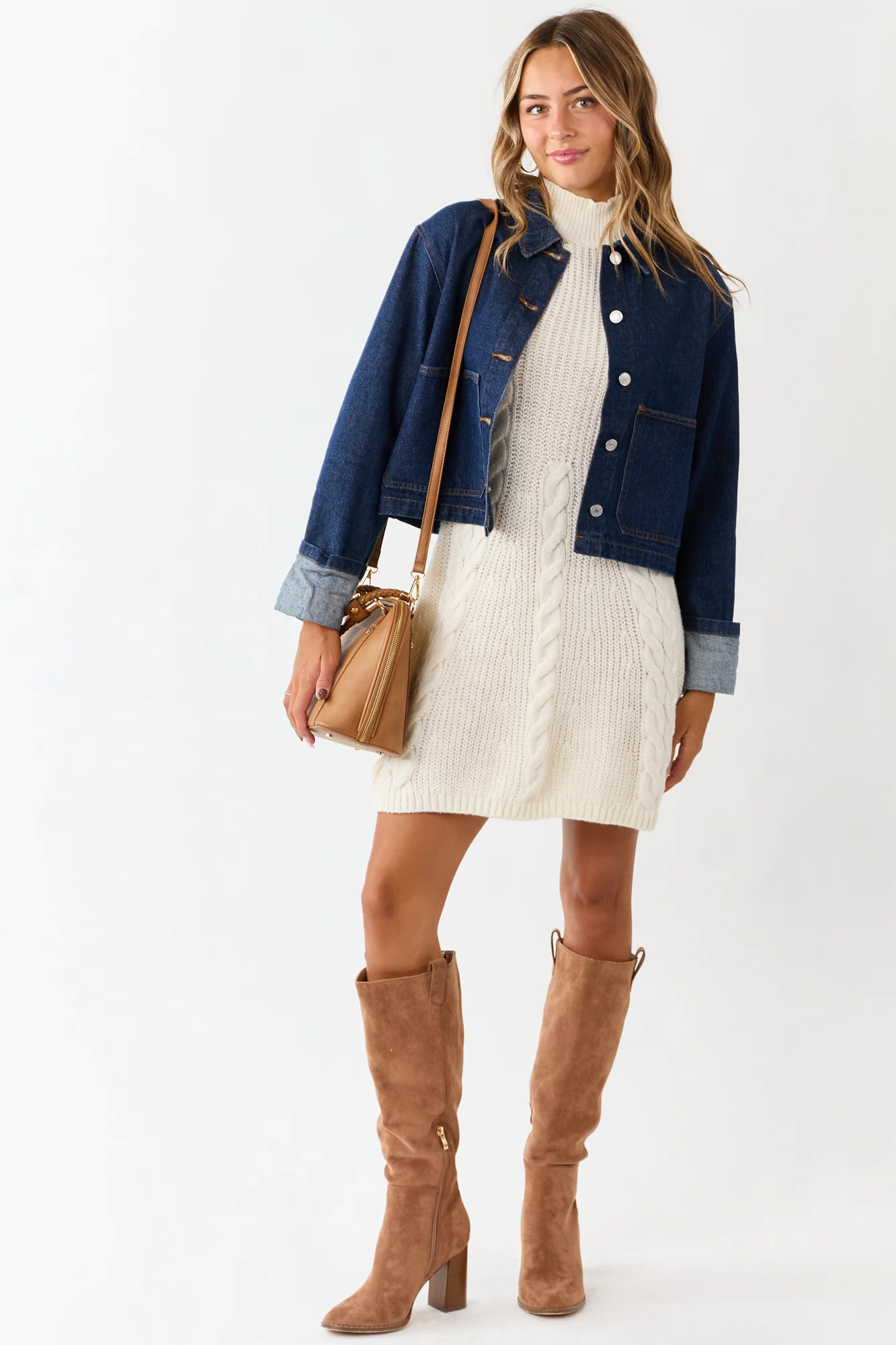 Cream Cable Knit Sleeveless Mock Neck Sweater Dress