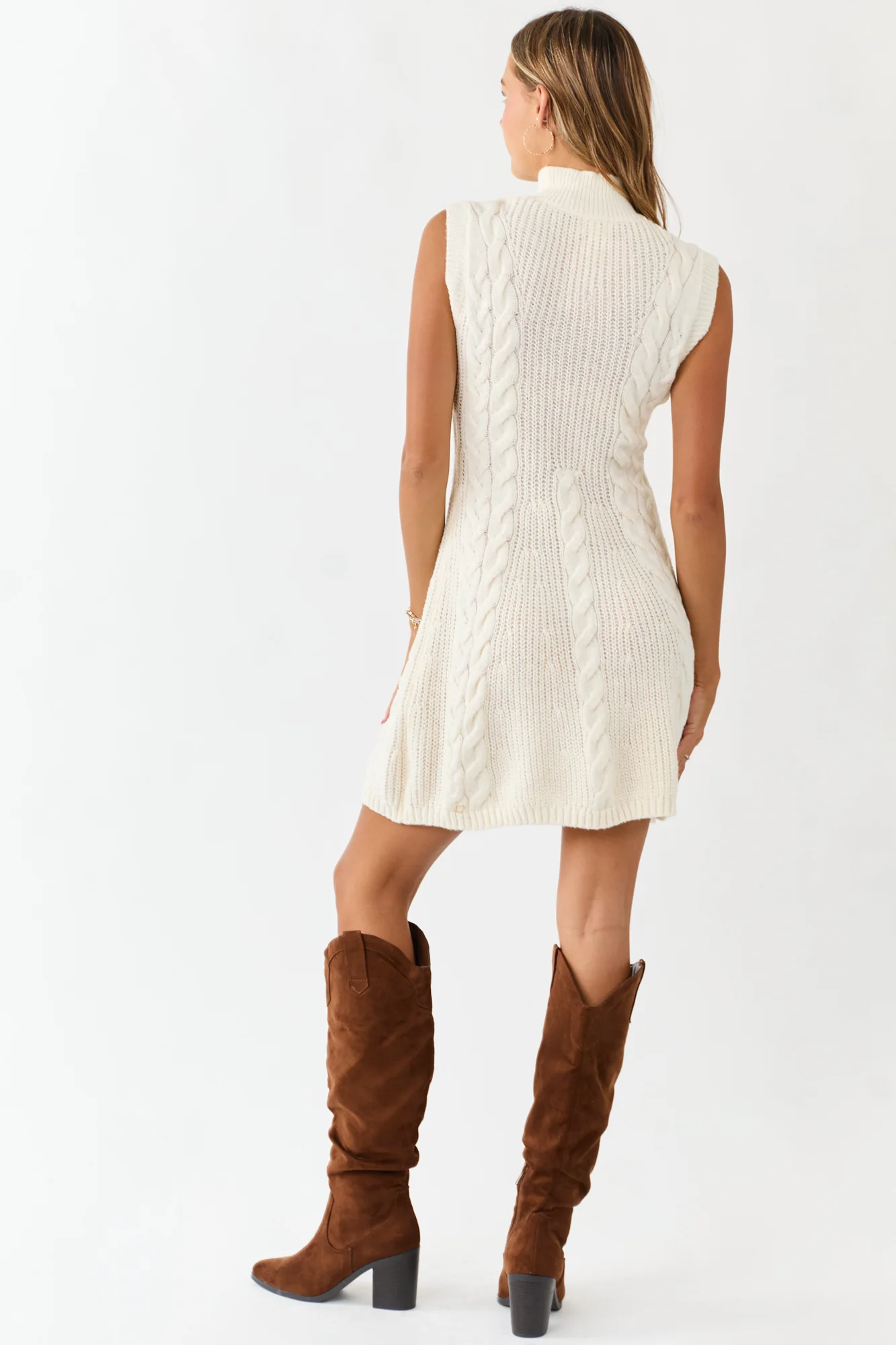 Cream Cable Knit Sleeveless Mock Neck Sweater Dress