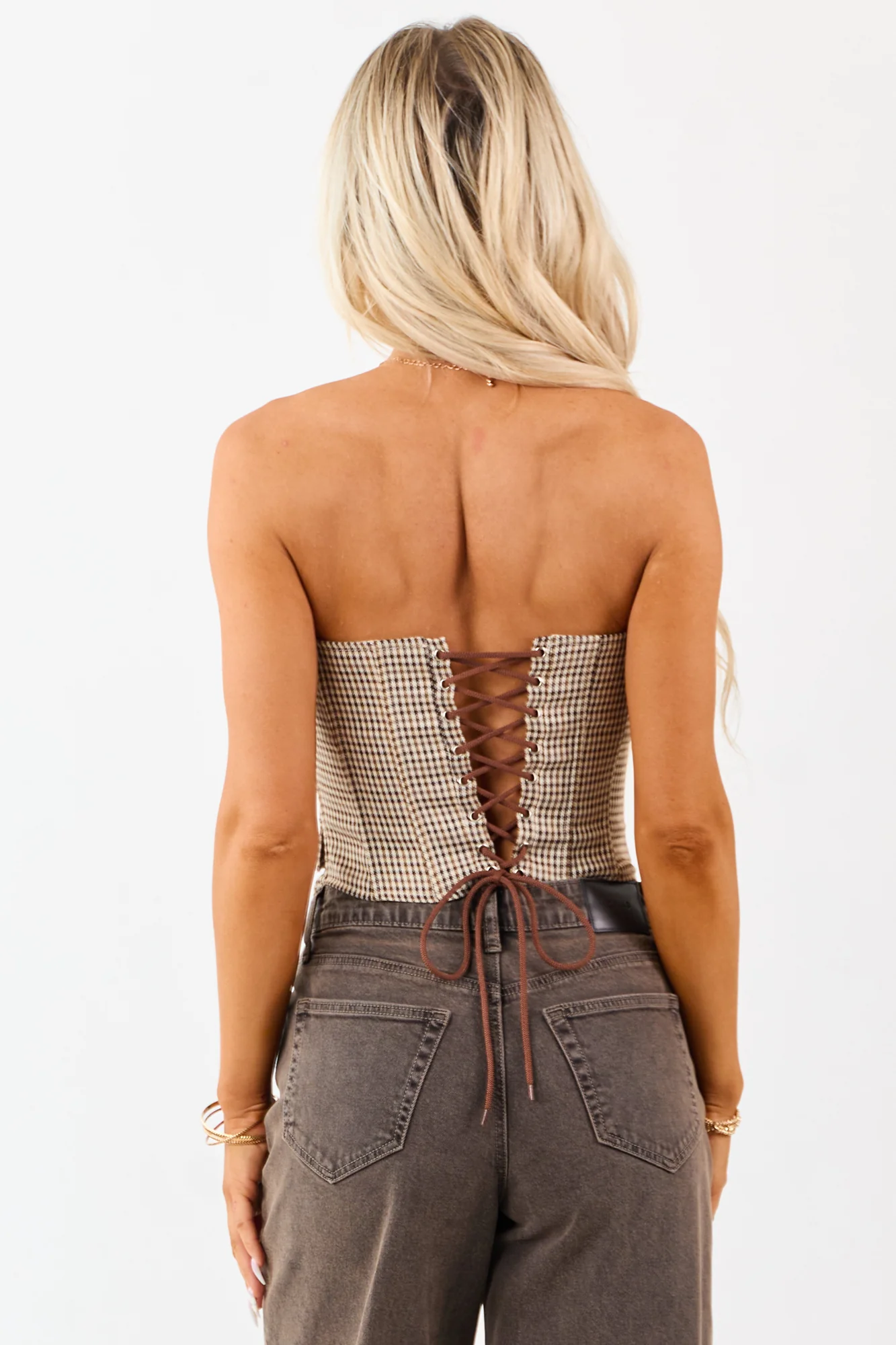 Camel Strapless Lace Tank Top with Corset Detailing