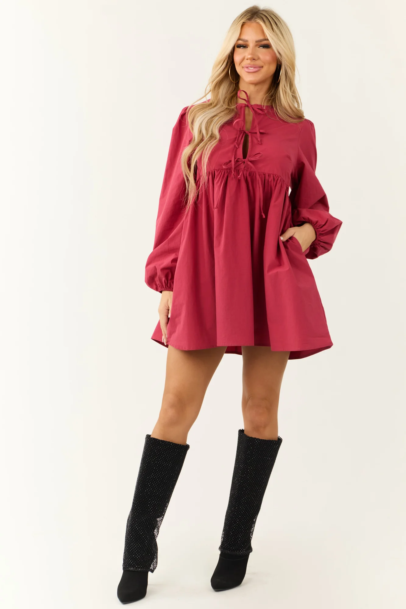 Maroon Poplin Short Dress with Ruched Shoulders