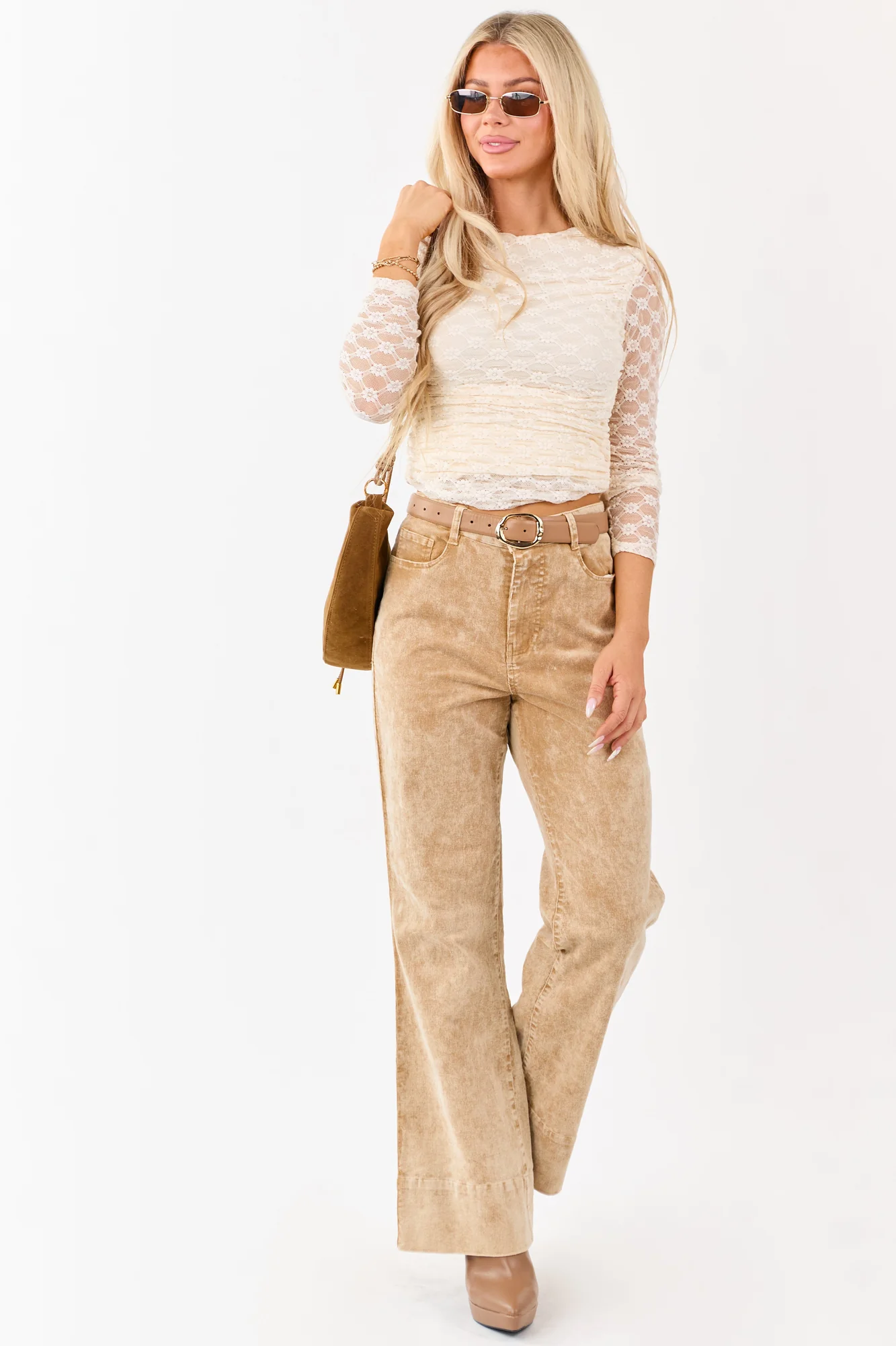 Beige Corduroy Flare Pants with Mineral Wash - High Waisted