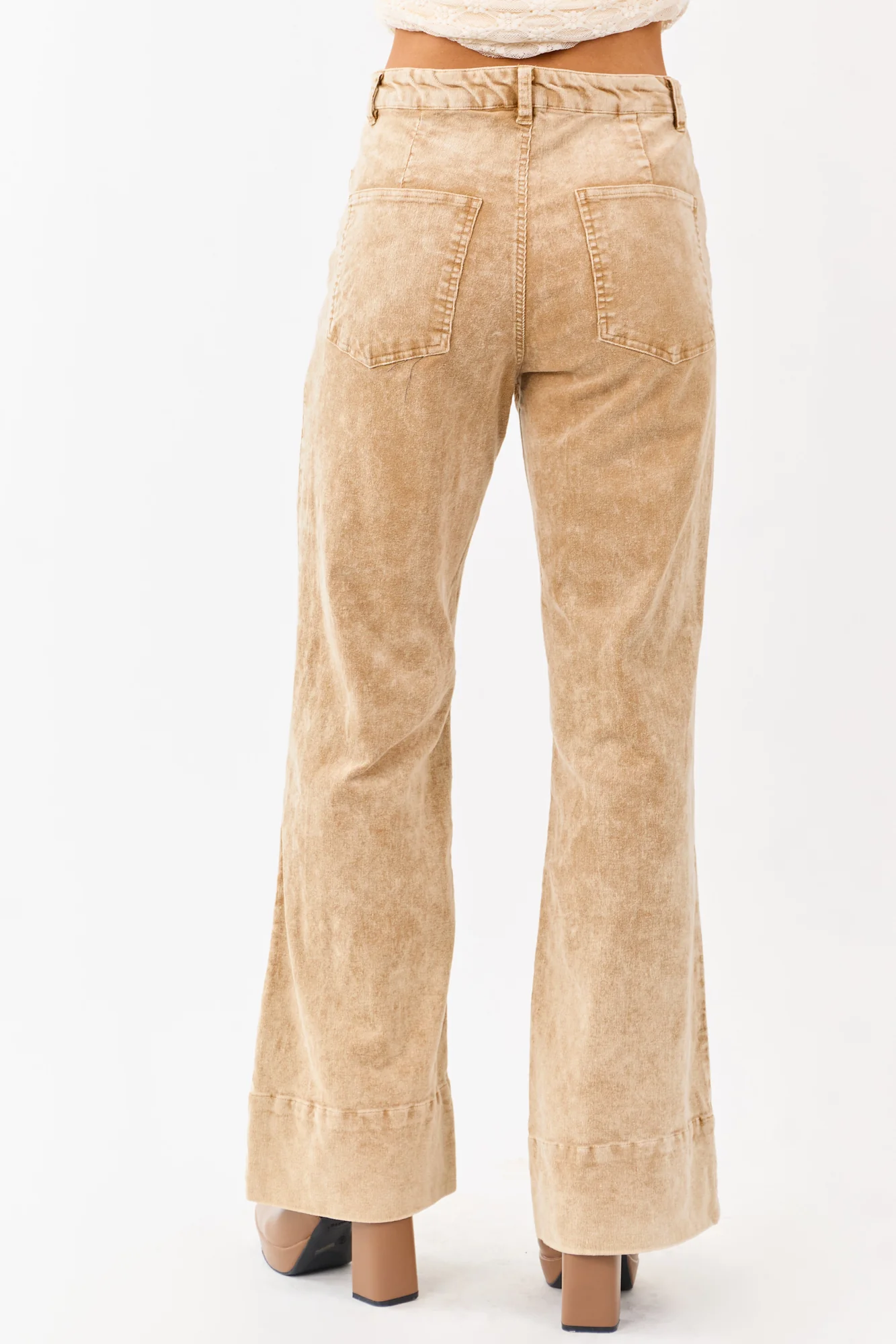Beige Corduroy Flare Pants with Mineral Wash - High Waisted